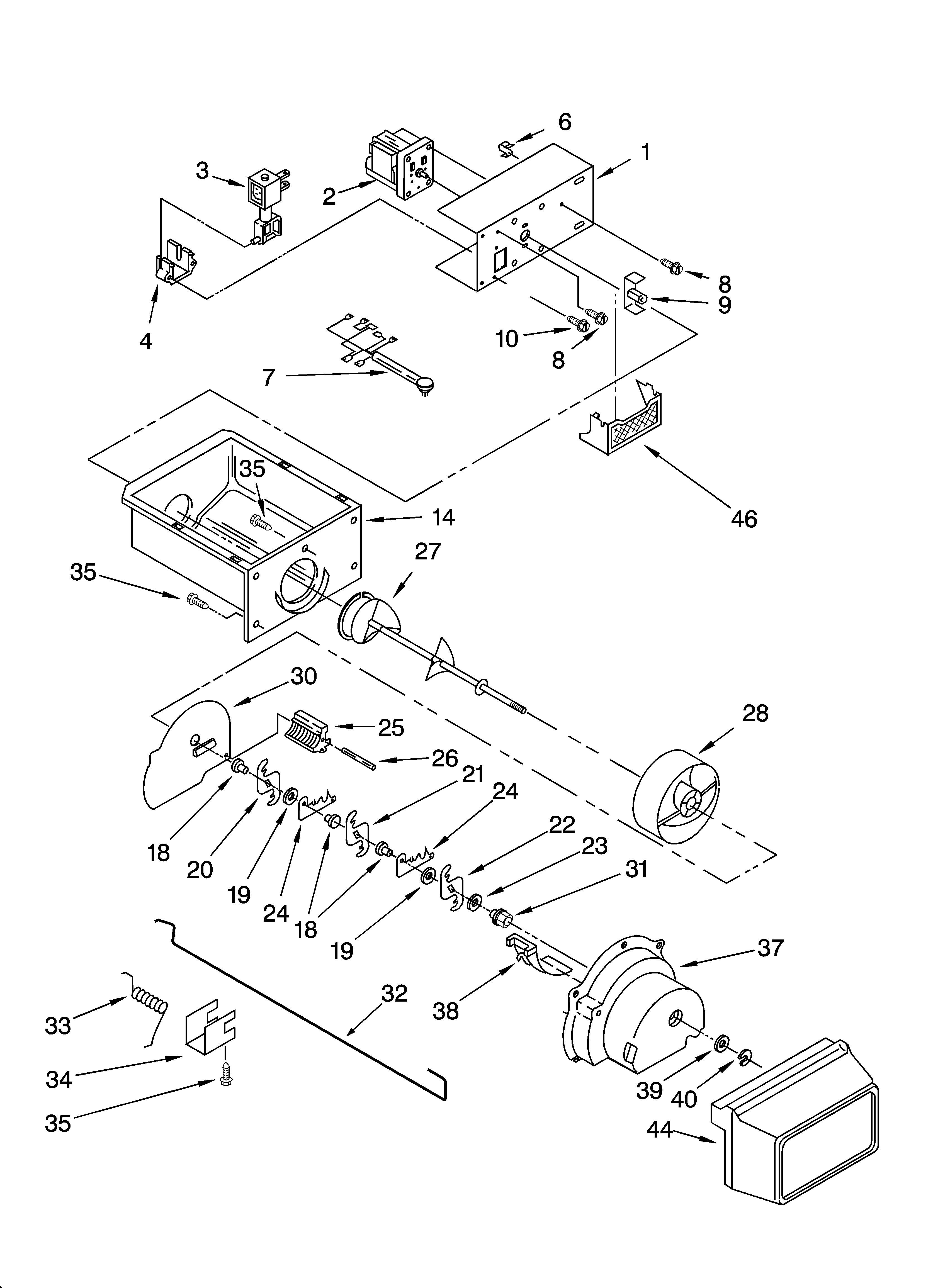 Whirlpool ED2PHEXNB00 motor and ice container parts diagram