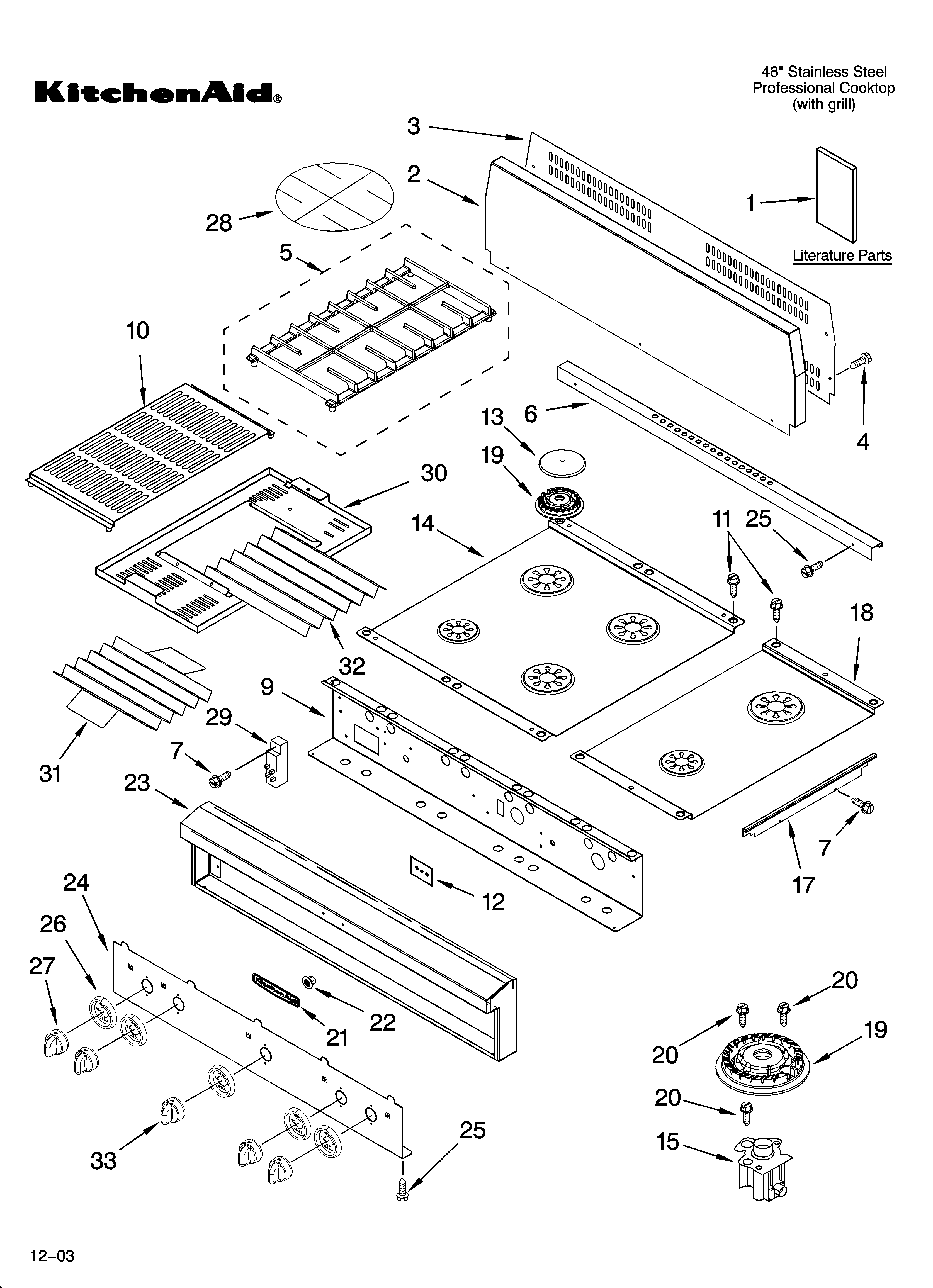 KitchenAid KGCP482KSS1 cooktop, burner and grate parts diagram