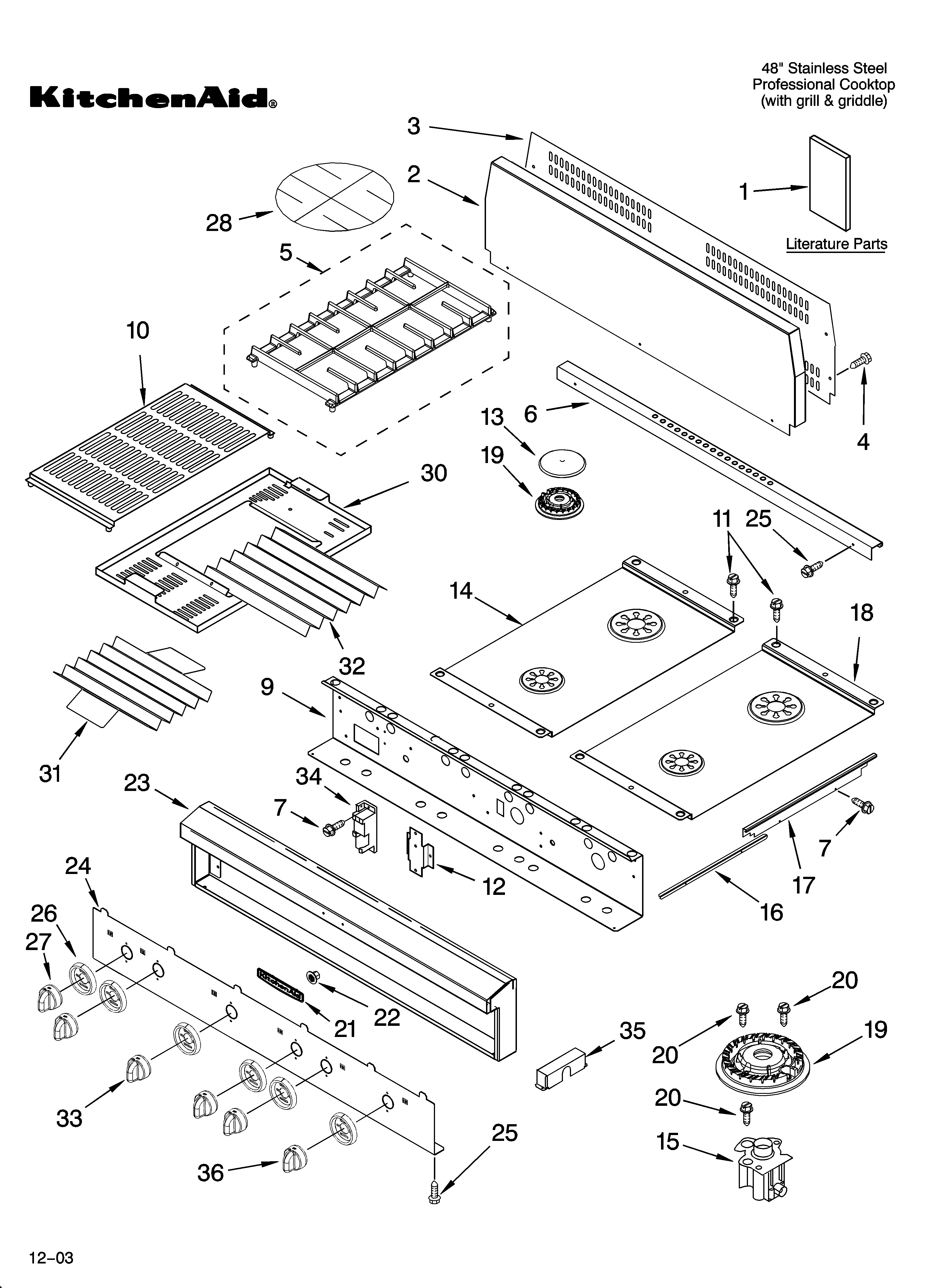 KitchenAid KGCP484KSS02 cooktop, burner and grate parts diagram