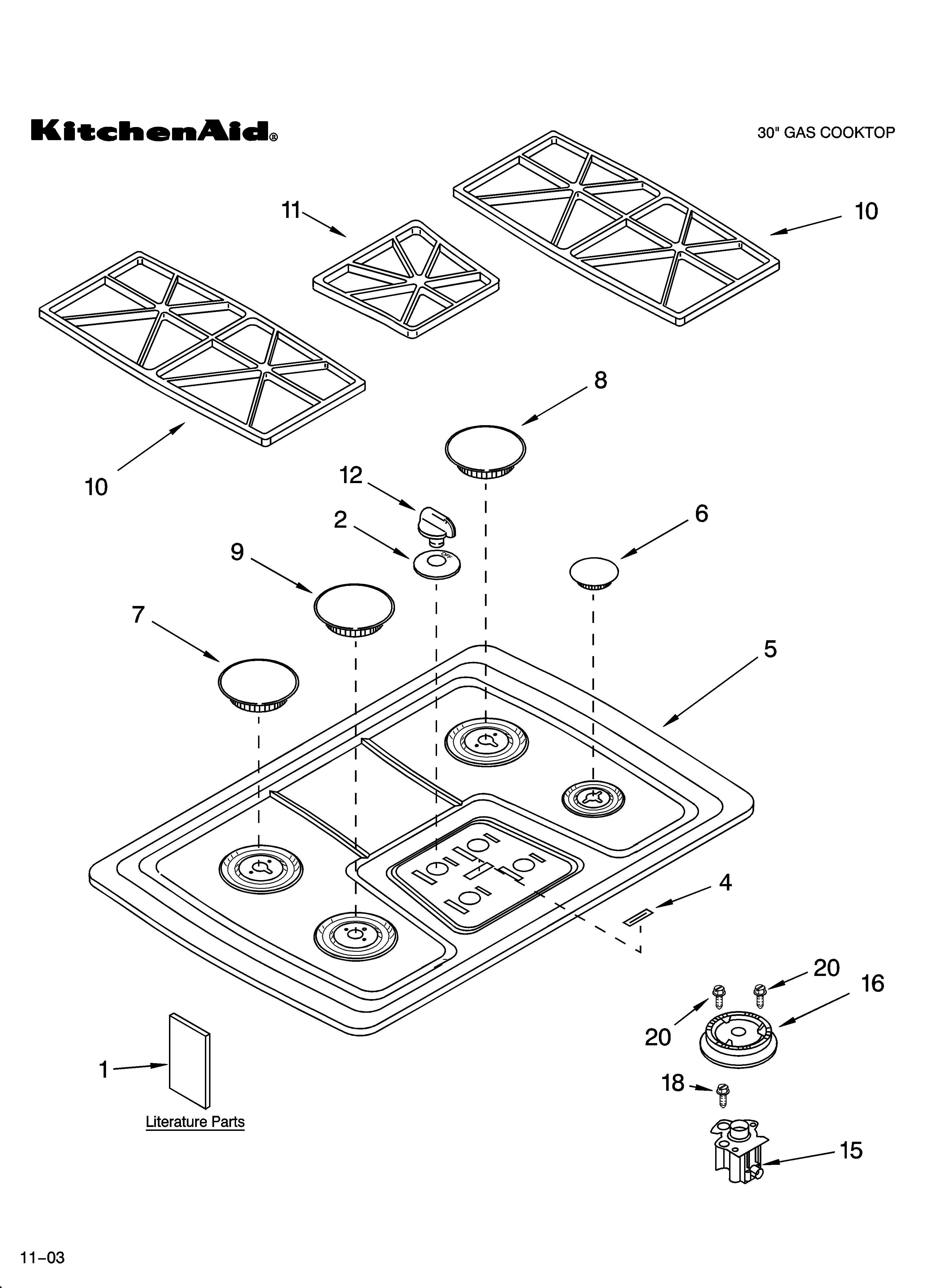 KitchenAid KGCS105GBL06 cooktop, burner and grate parts diagram