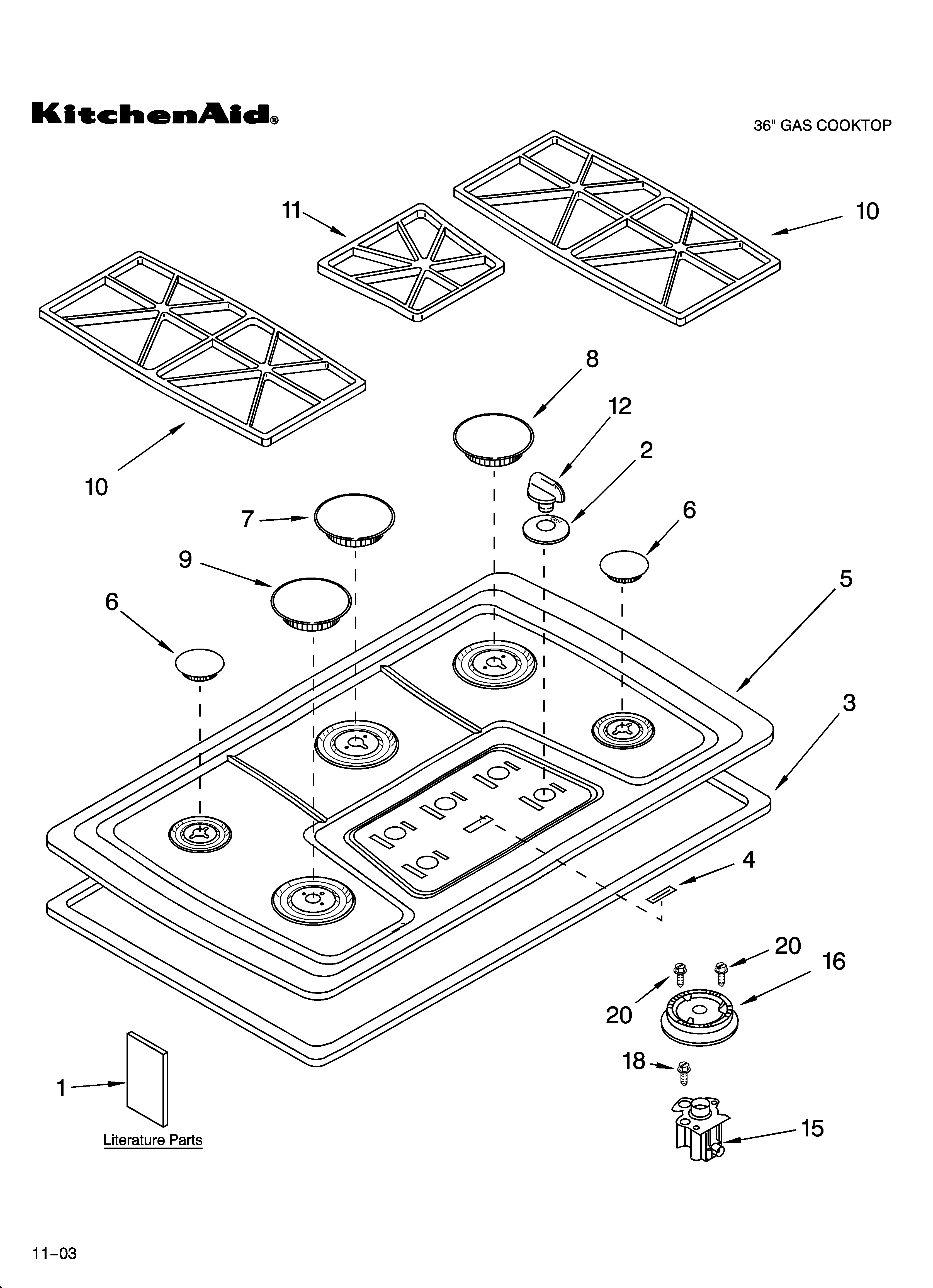 KitchenAid KGCS166GSS05 cooktop, burner and grate parts diagram