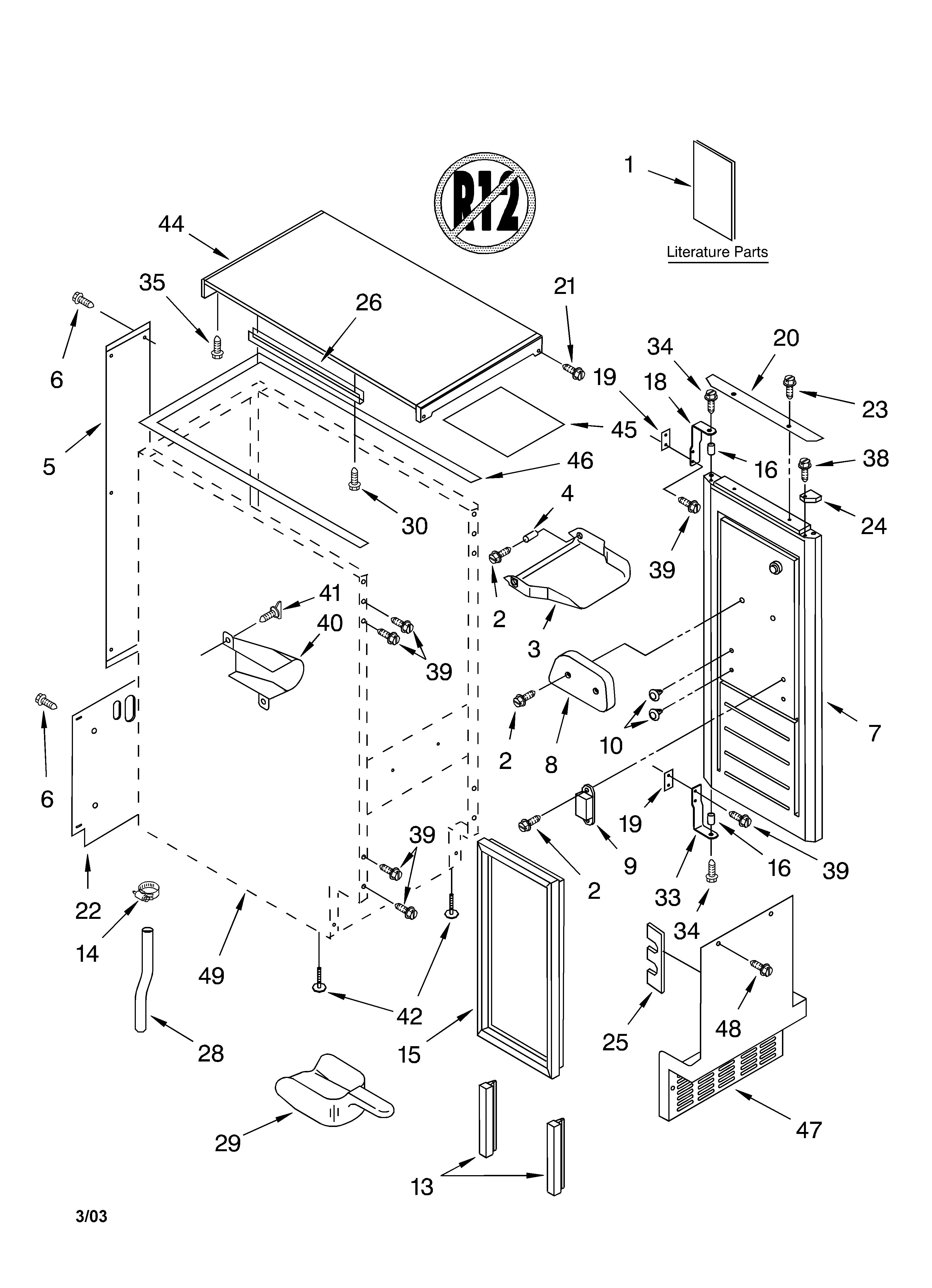 Whirlpool JEACS50SL4 cabinet liner and door parts diagram