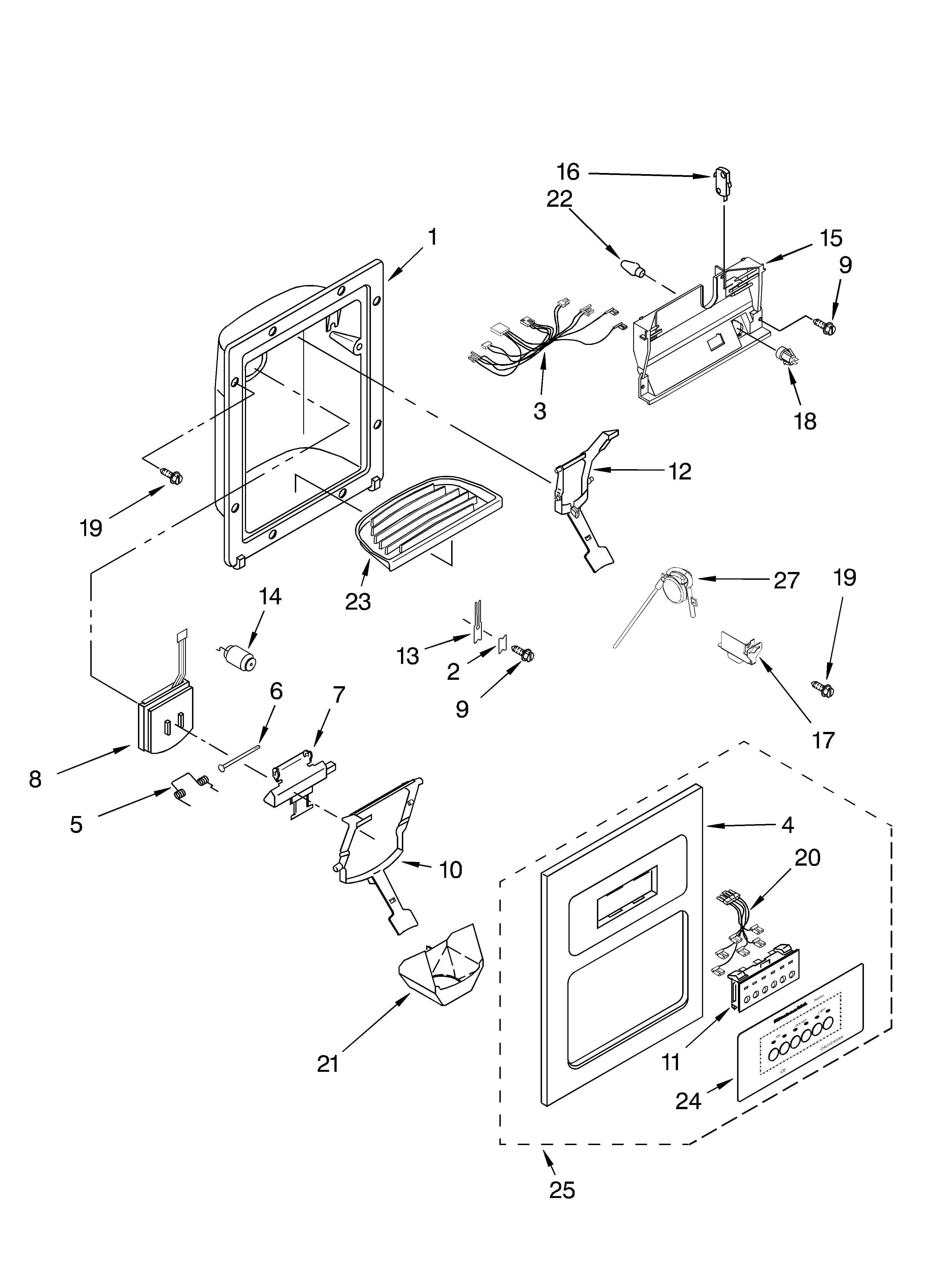 KitchenAid KSSC36QKS02 dispenser and front parts diagram
