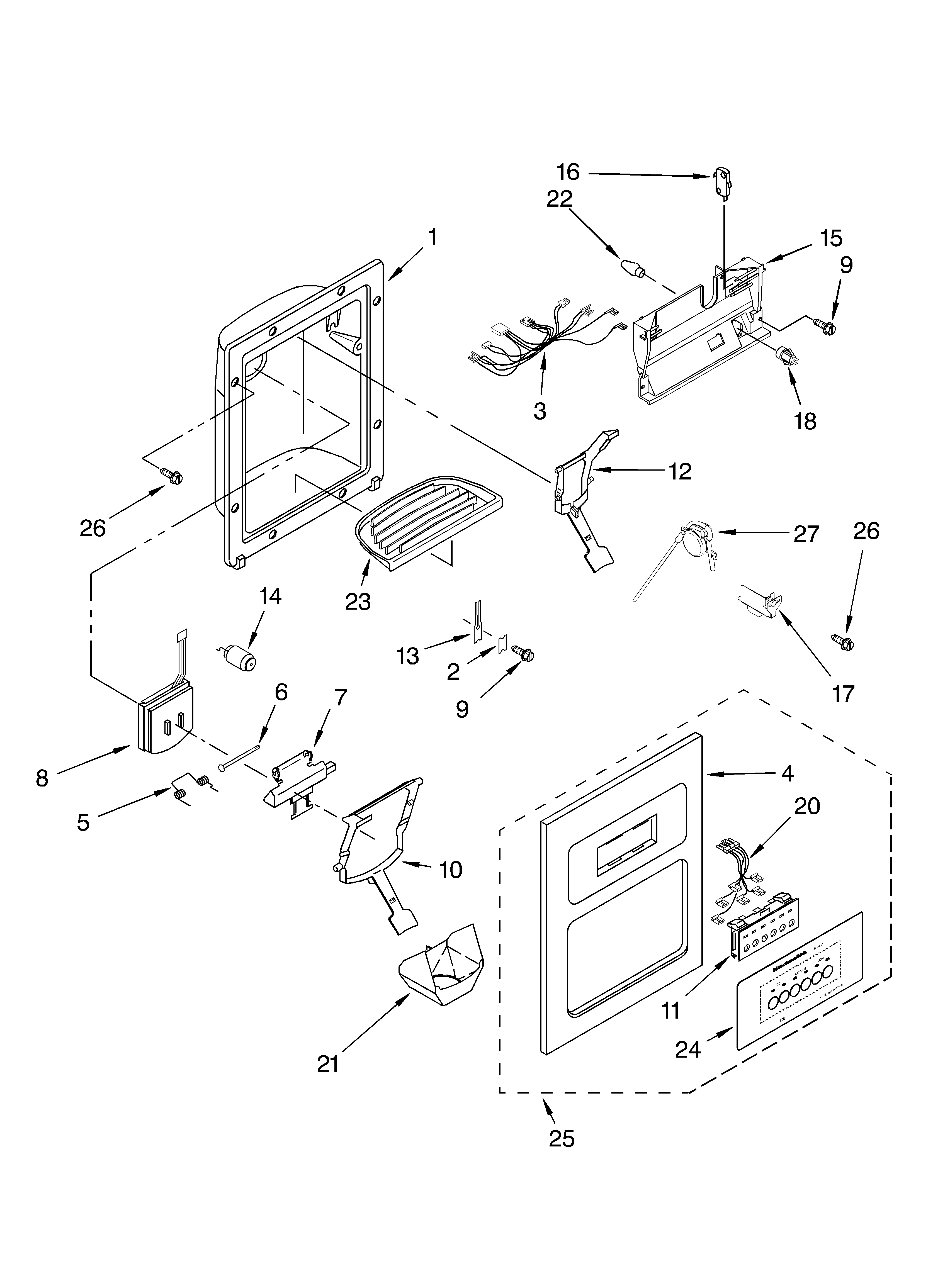 KitchenAid KSSC42QKS02 dispenser and front parts diagram