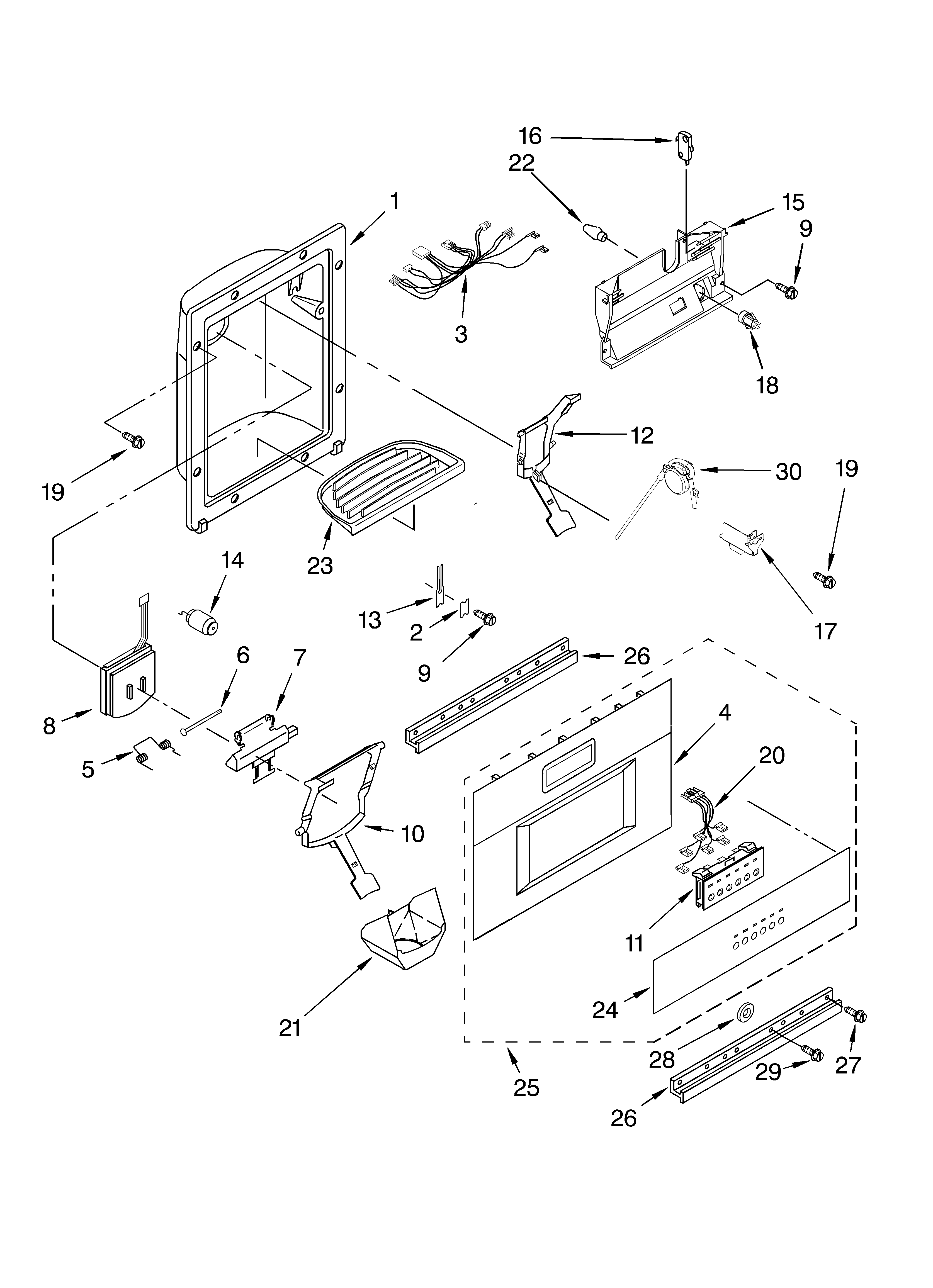 KitchenAid KSSP36QKS02 dispenser and front parts diagram