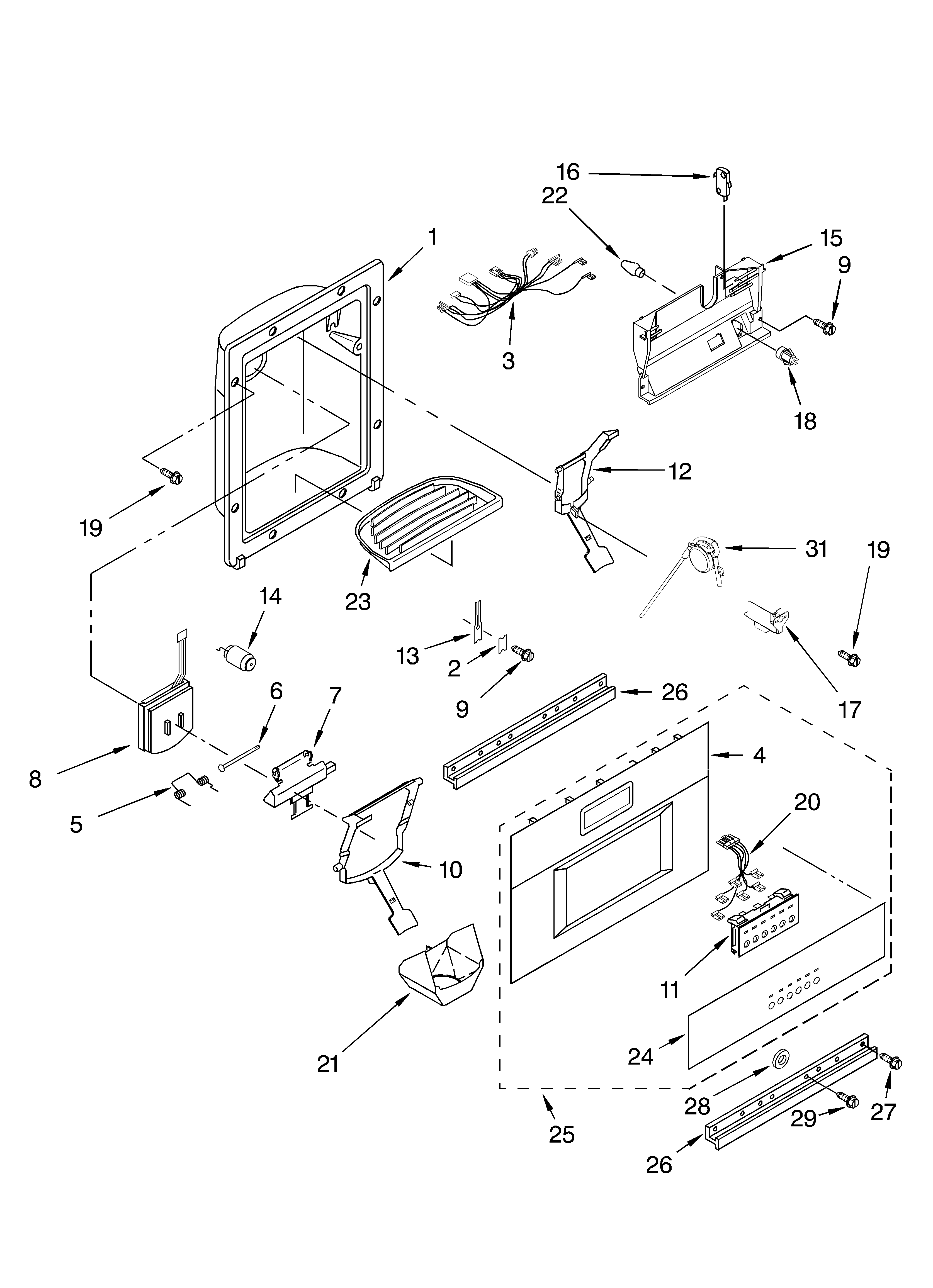 KitchenAid KSSP42QKS02 dispenser and front parts diagram