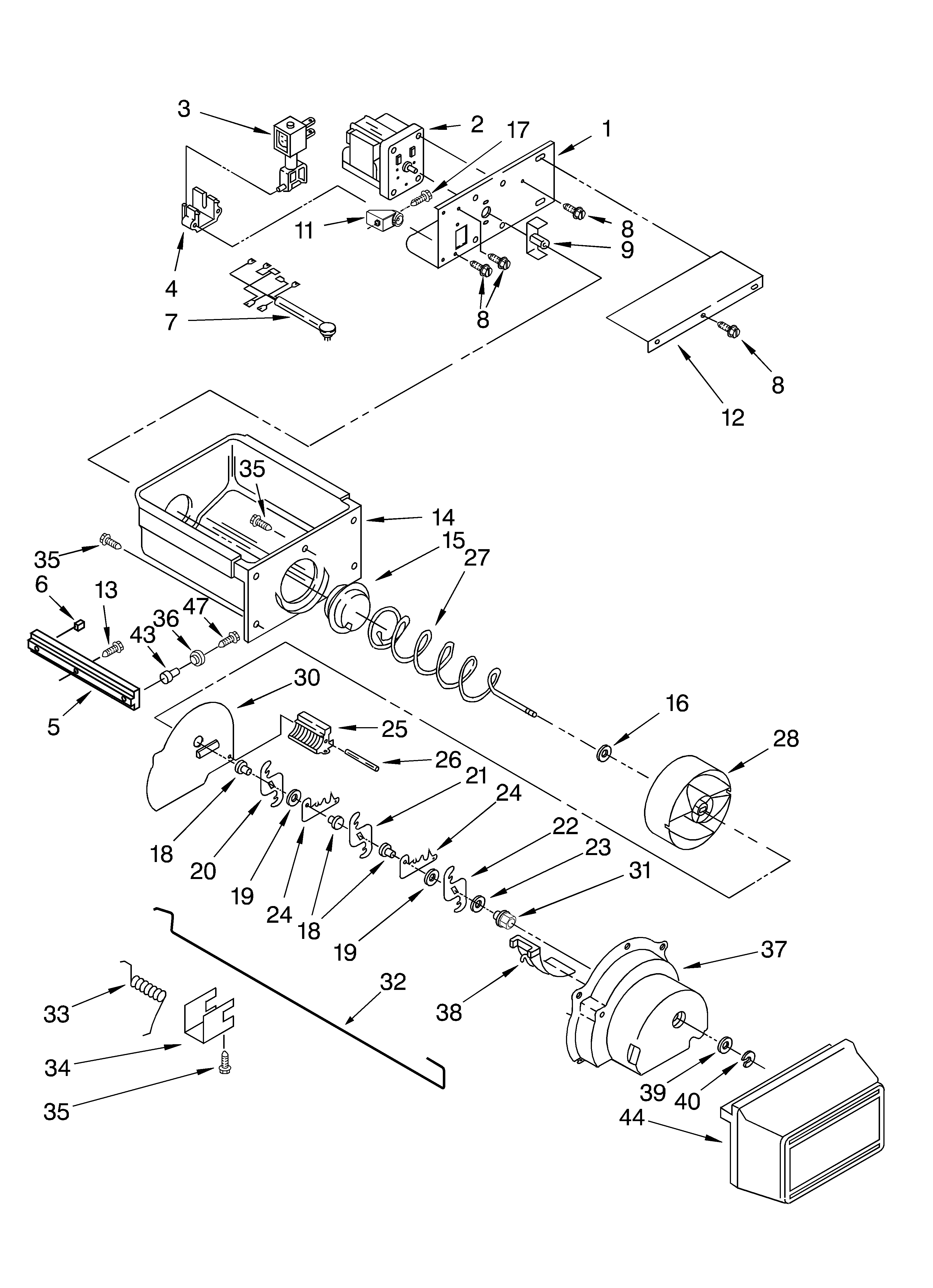 KitchenAid KSSS36QKT02 motor and ice container parts diagram