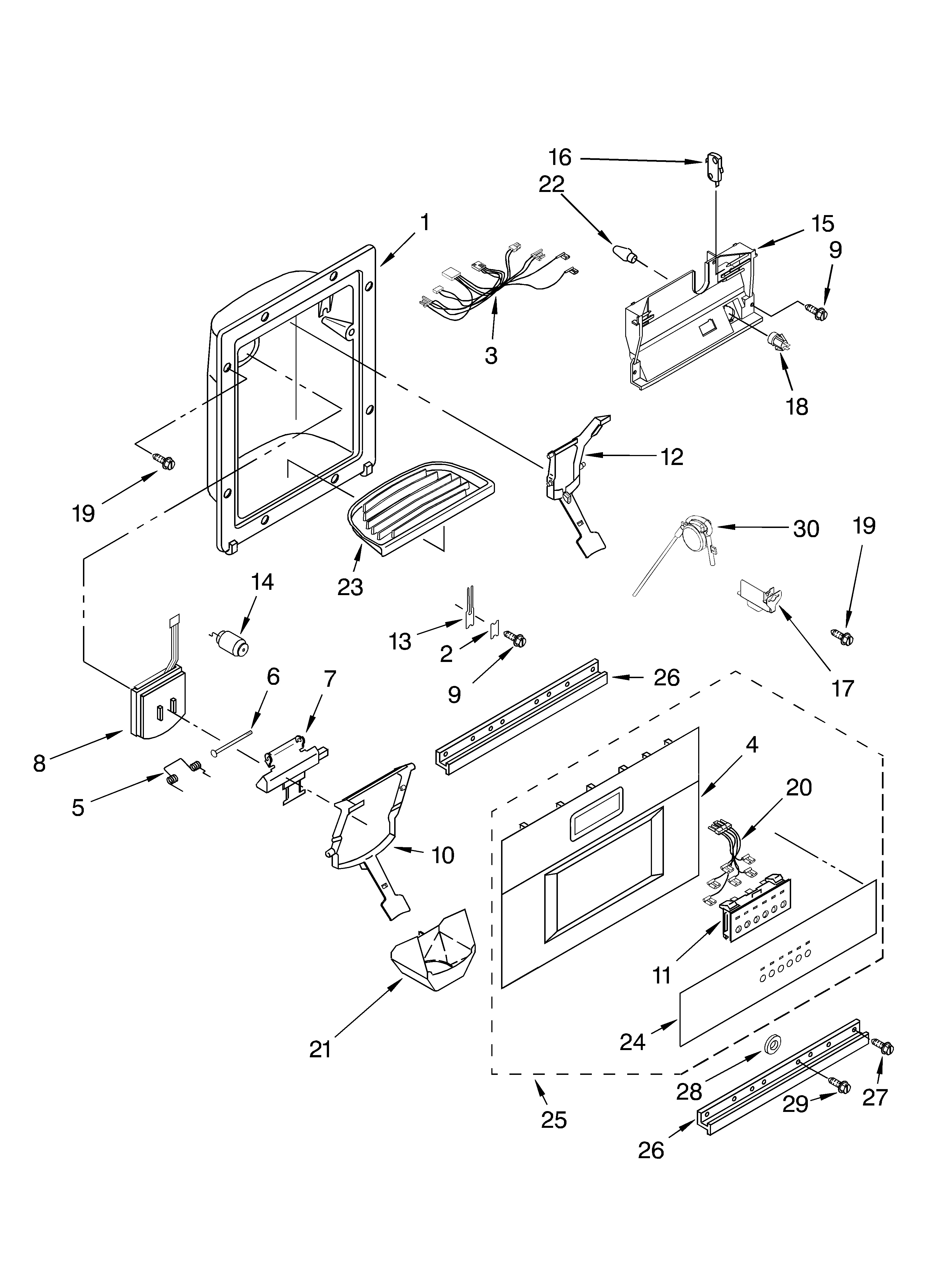 KitchenAid KSSS36QKT02 dispenser and front parts diagram