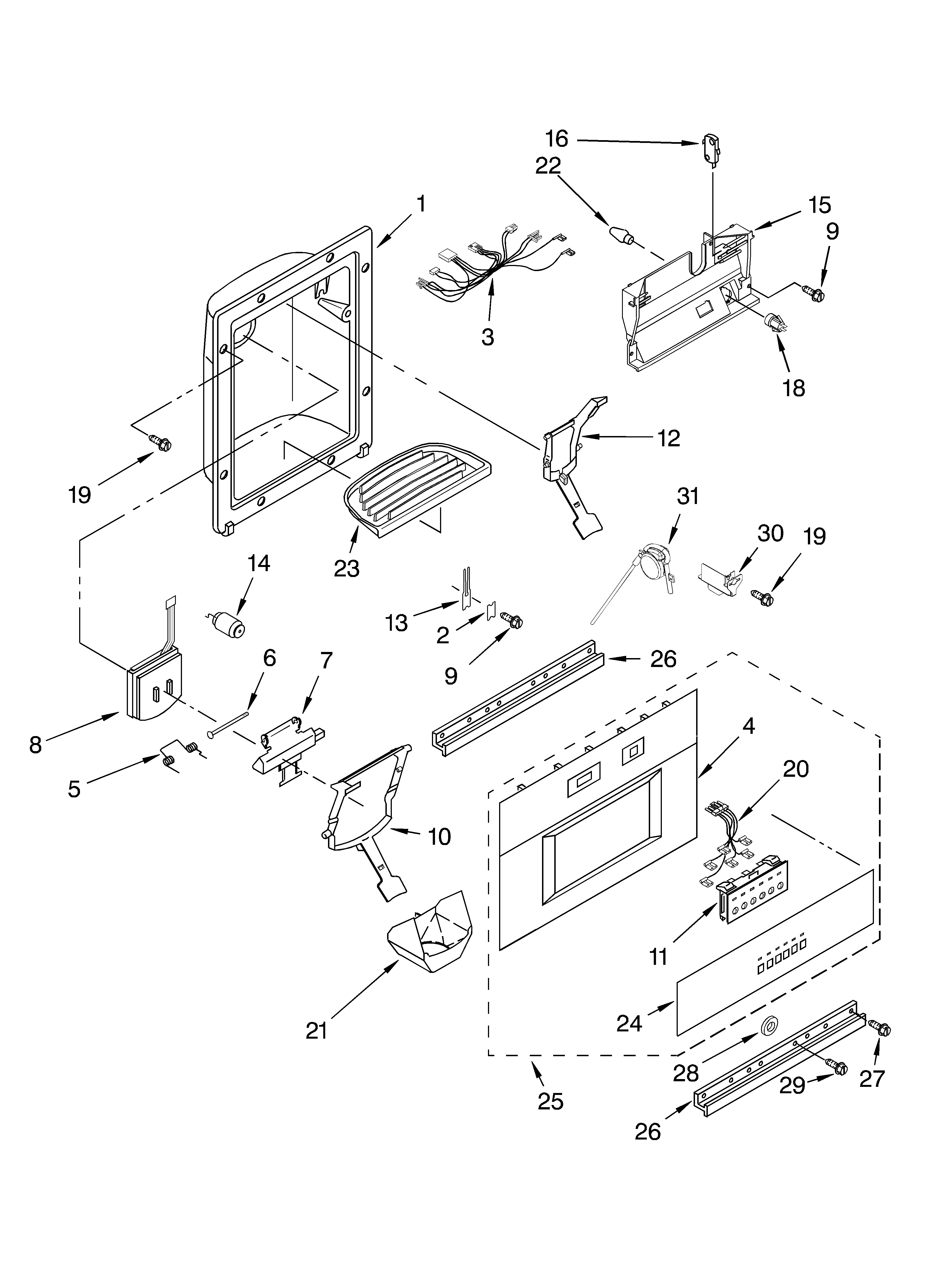 KitchenAid KSSS42QKB02 dispenser and front parts diagram