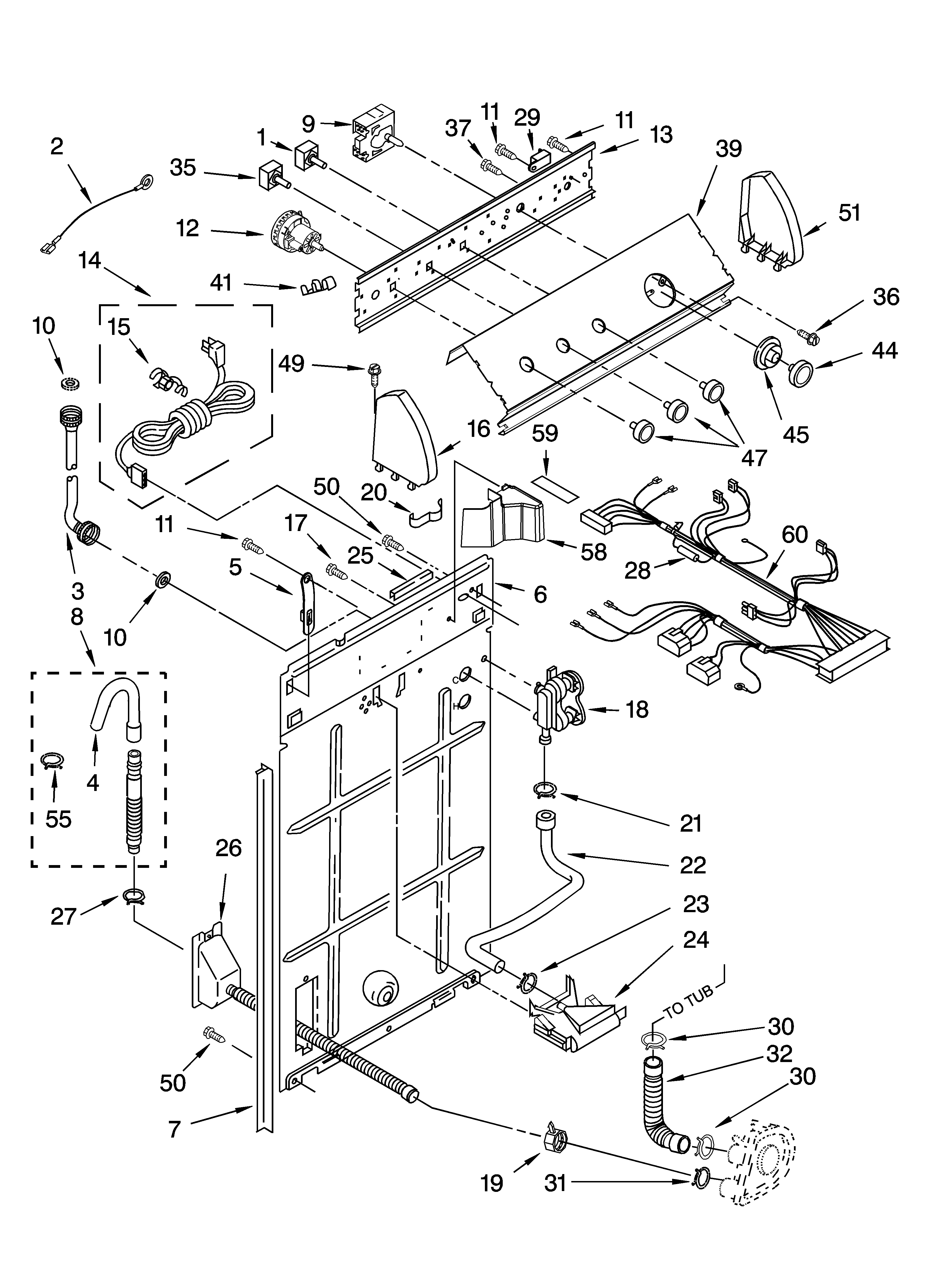 Whirlpool 3XLBR8543JQ2 controls and rear panel parts diagram