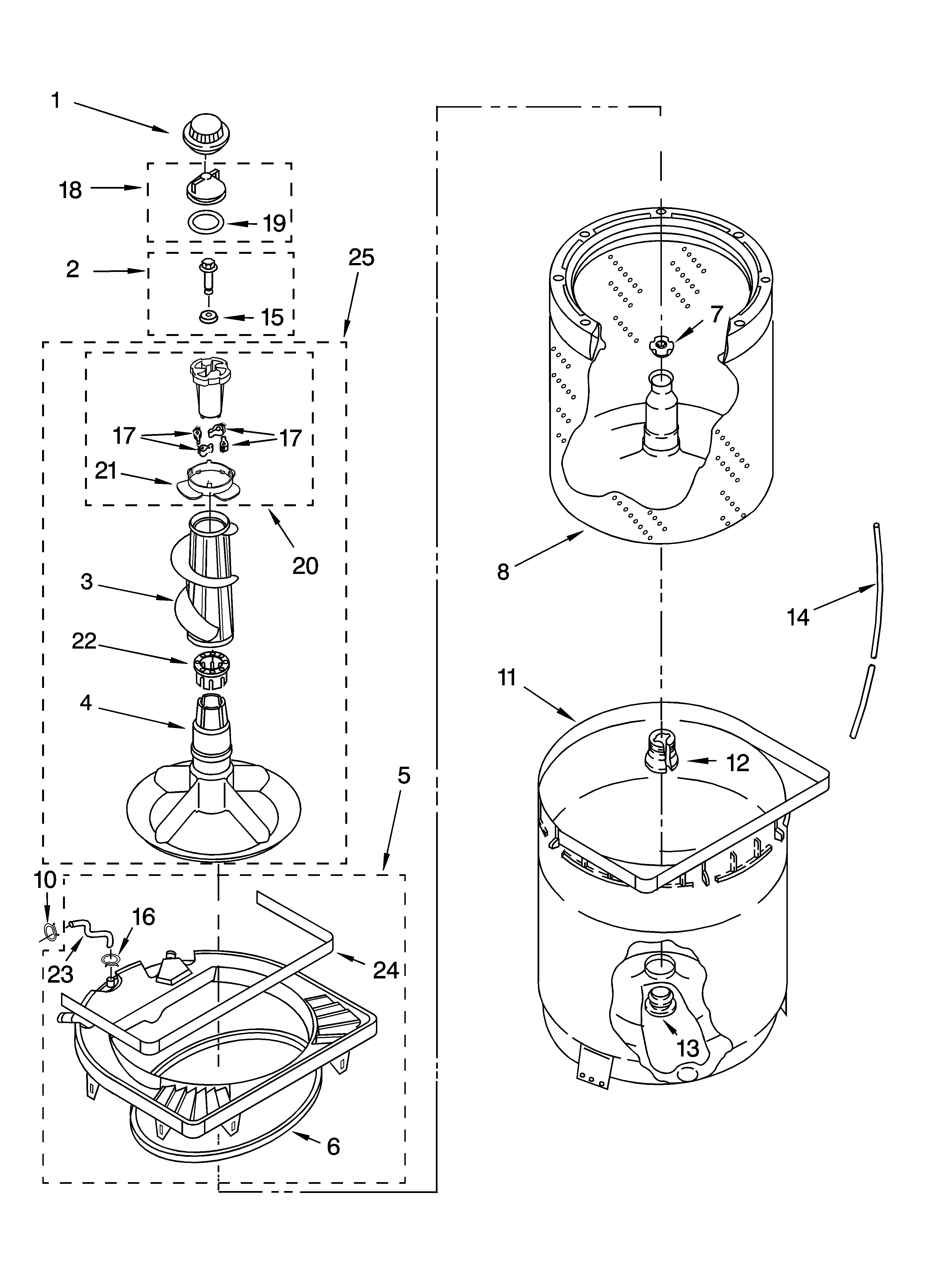 KitchenAid KAWS850LE1 agitator, basket and tub parts diagram