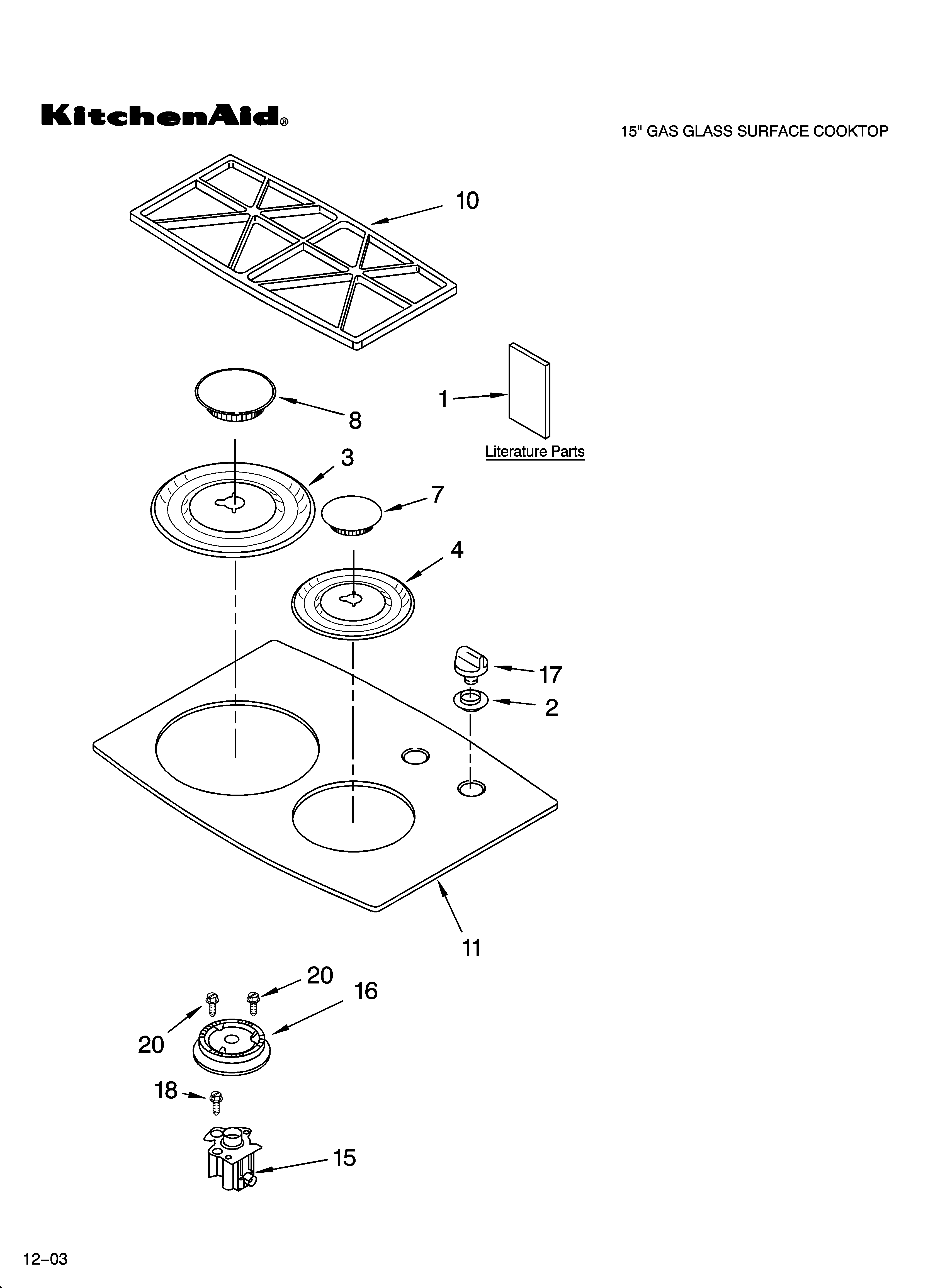 KitchenAid KGCT055GBL04 cooktop, burner and grate parts diagram