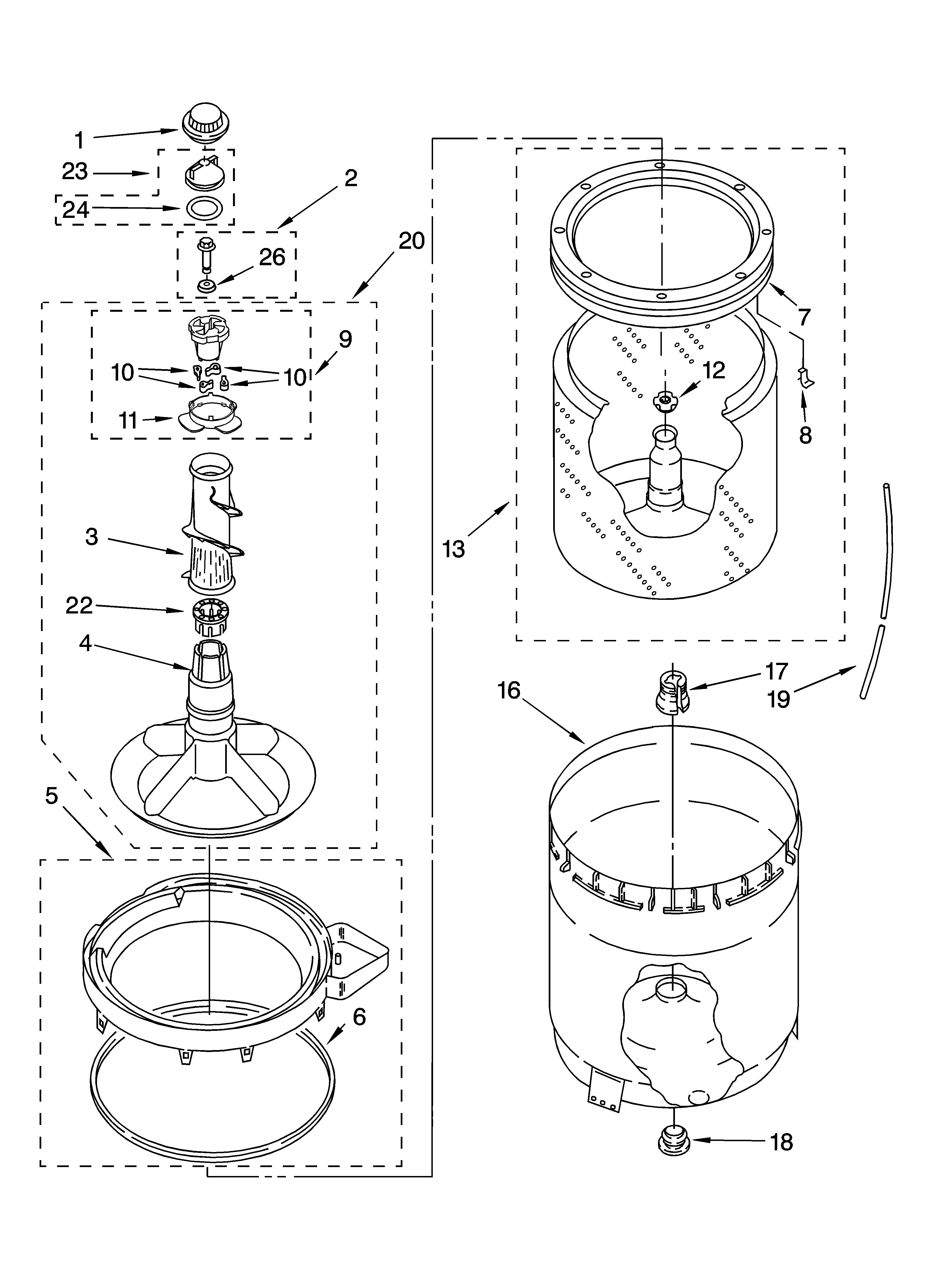 Roper RAX7244KQ2 agitator, basket and tub parts diagram