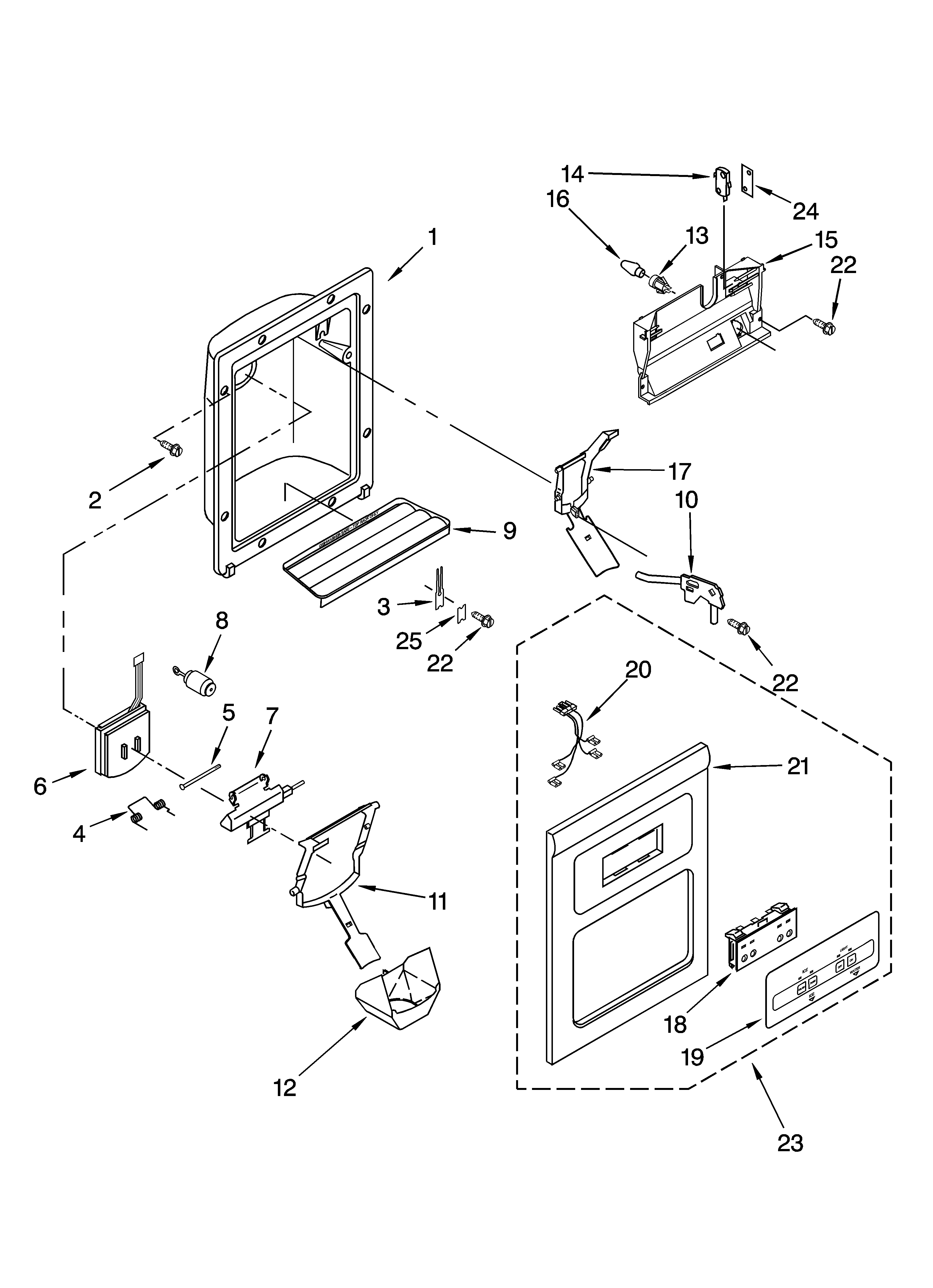 Whirlpool GD5SHAXLT12 dispenser front parts diagram