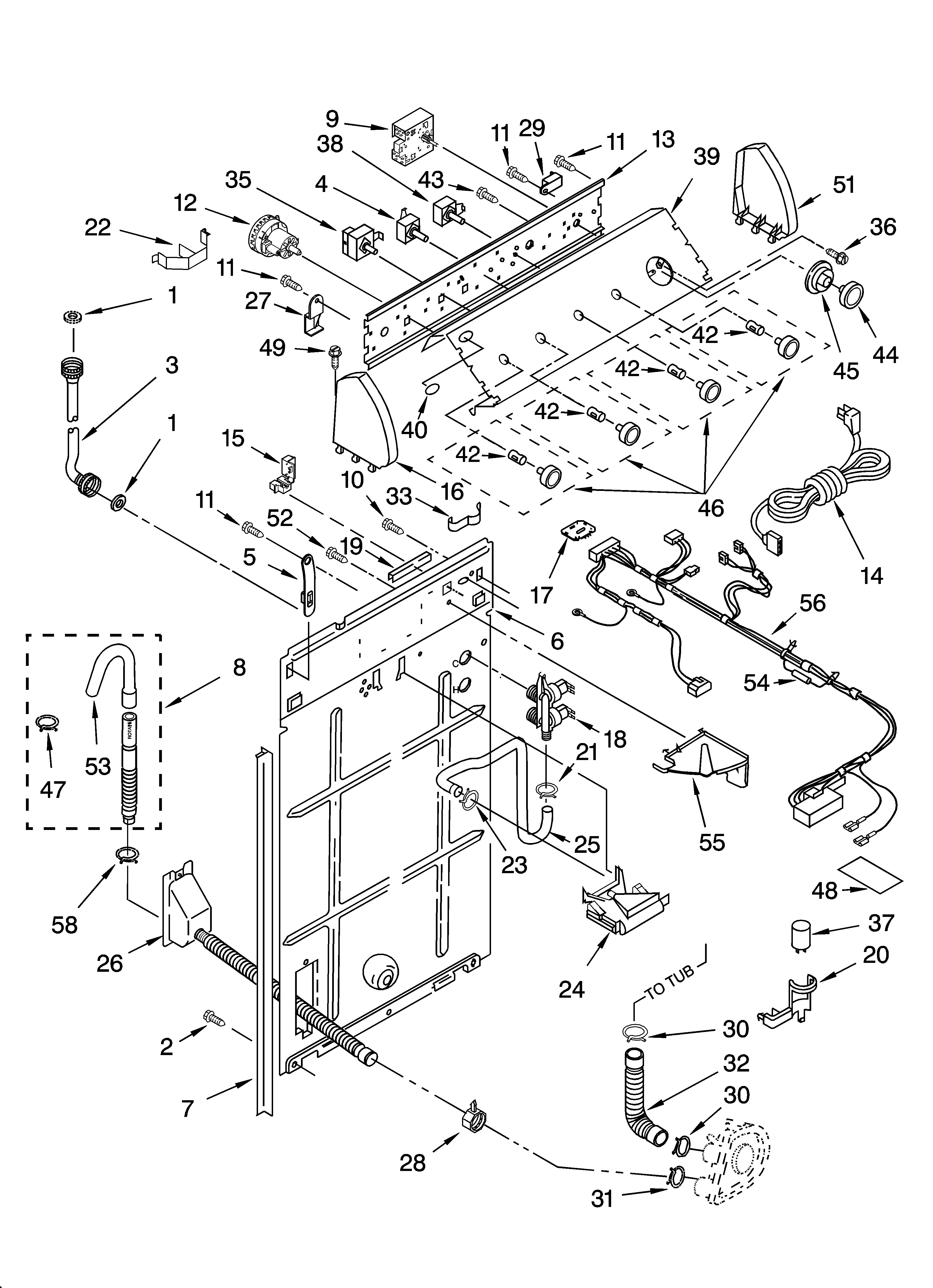 Whirlpool GSW9650LW0 controls and rear panel parts diagram