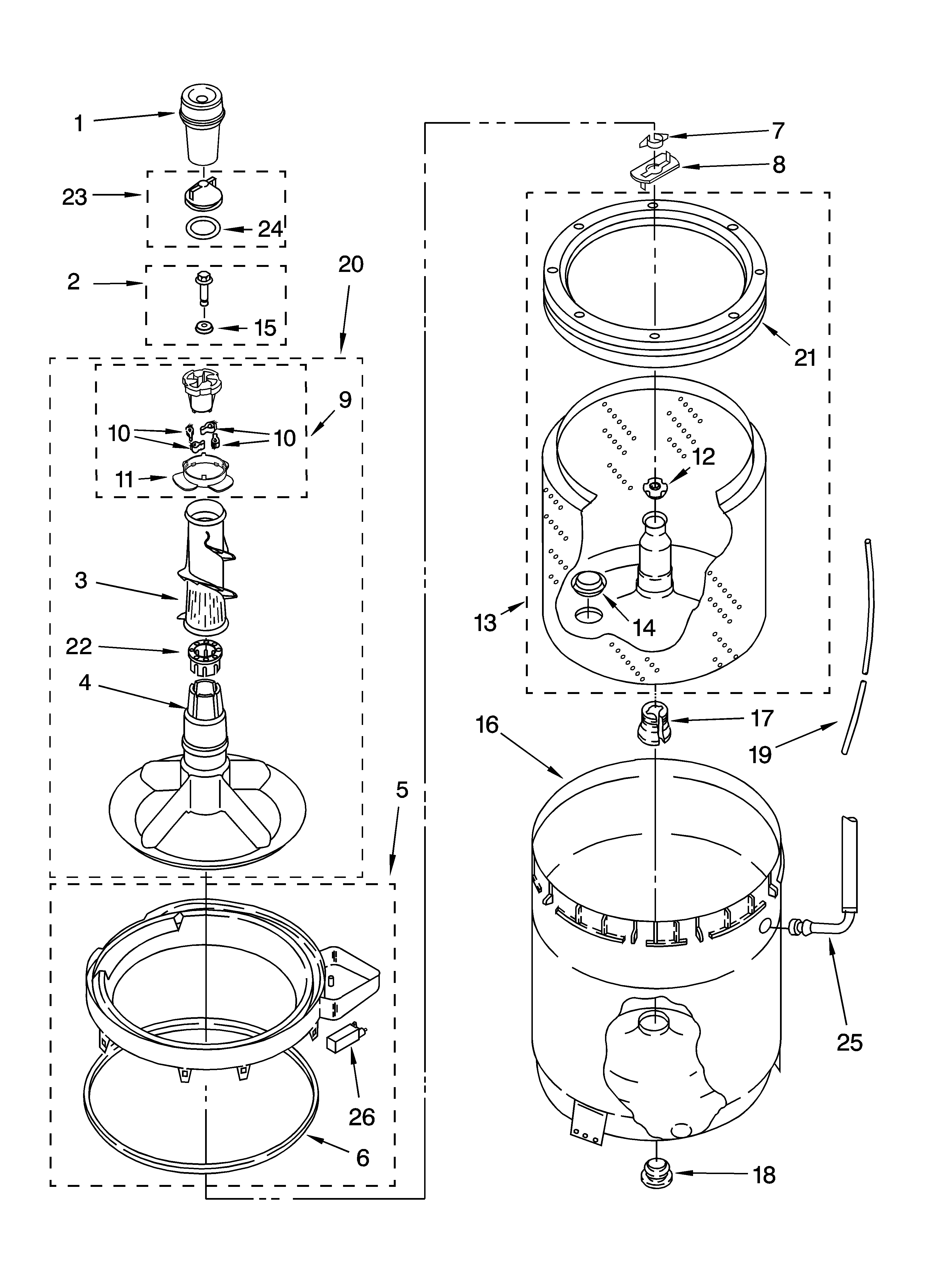 Whirlpool GSW9650LW0 agitator, basket and tub parts diagram