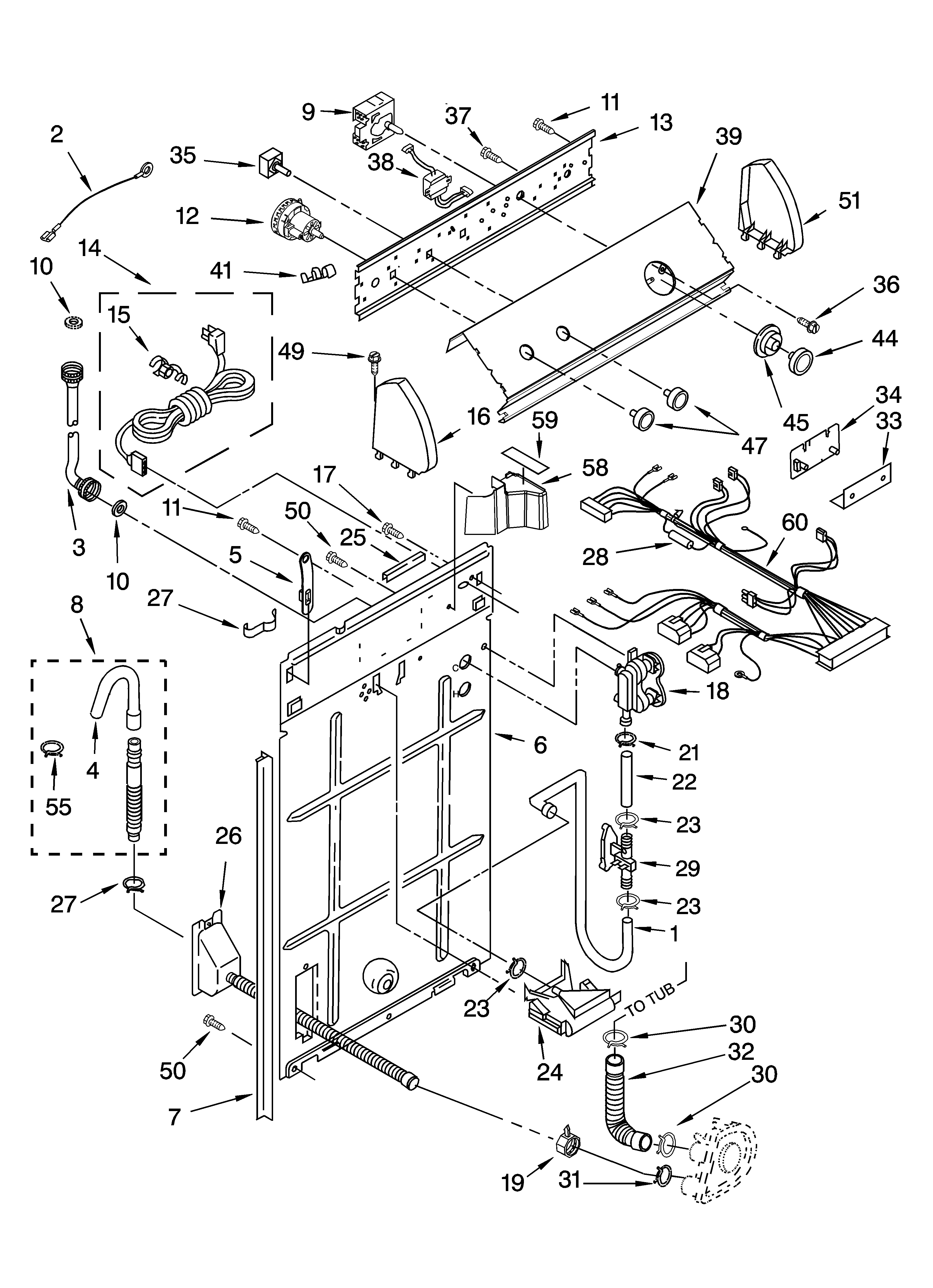 Whirlpool 3RLBR8543JQ2 controls and rear panel parts diagram