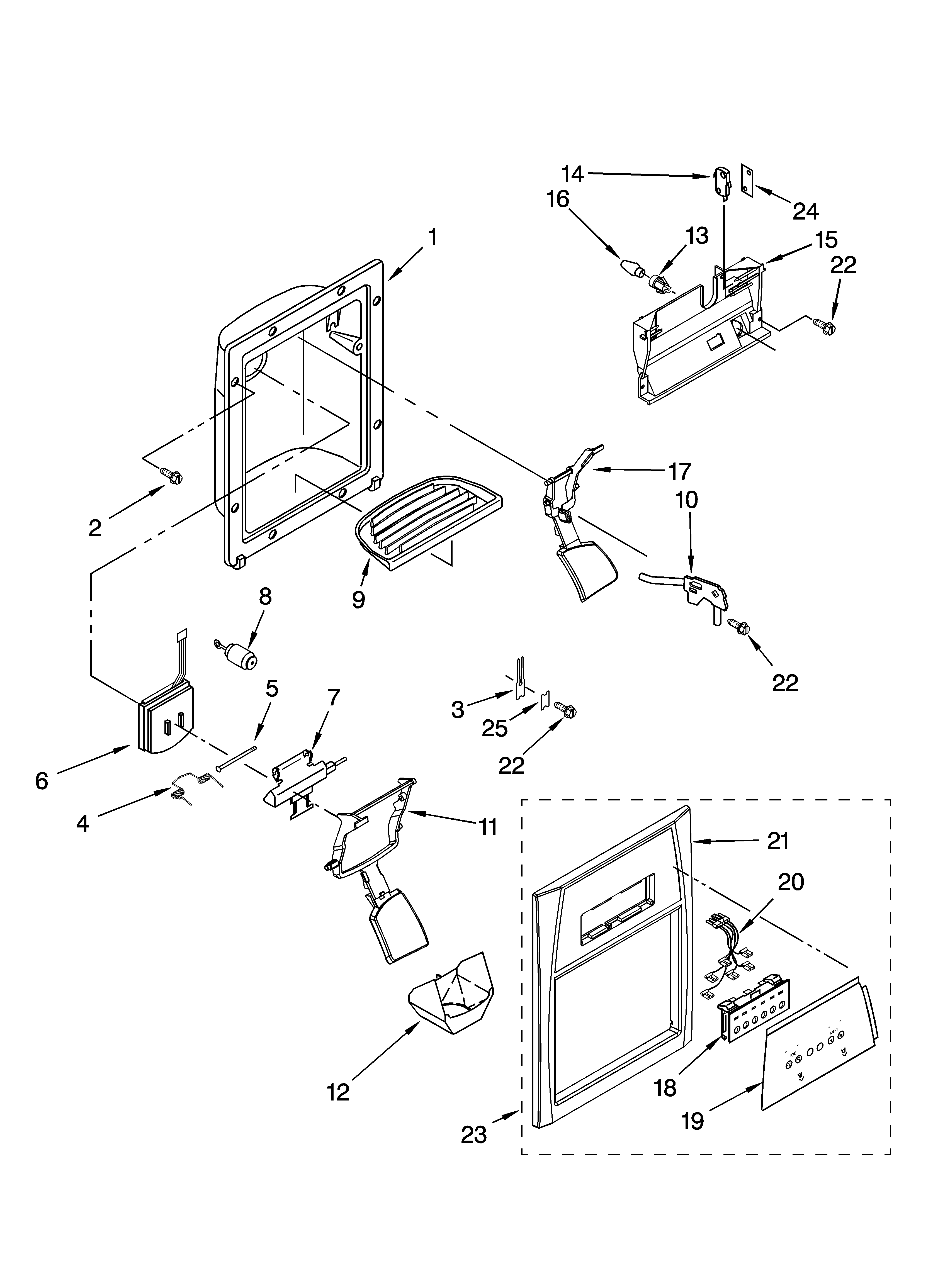 Whirlpool 6GD5SHQXKB02 dispenser front parts diagram