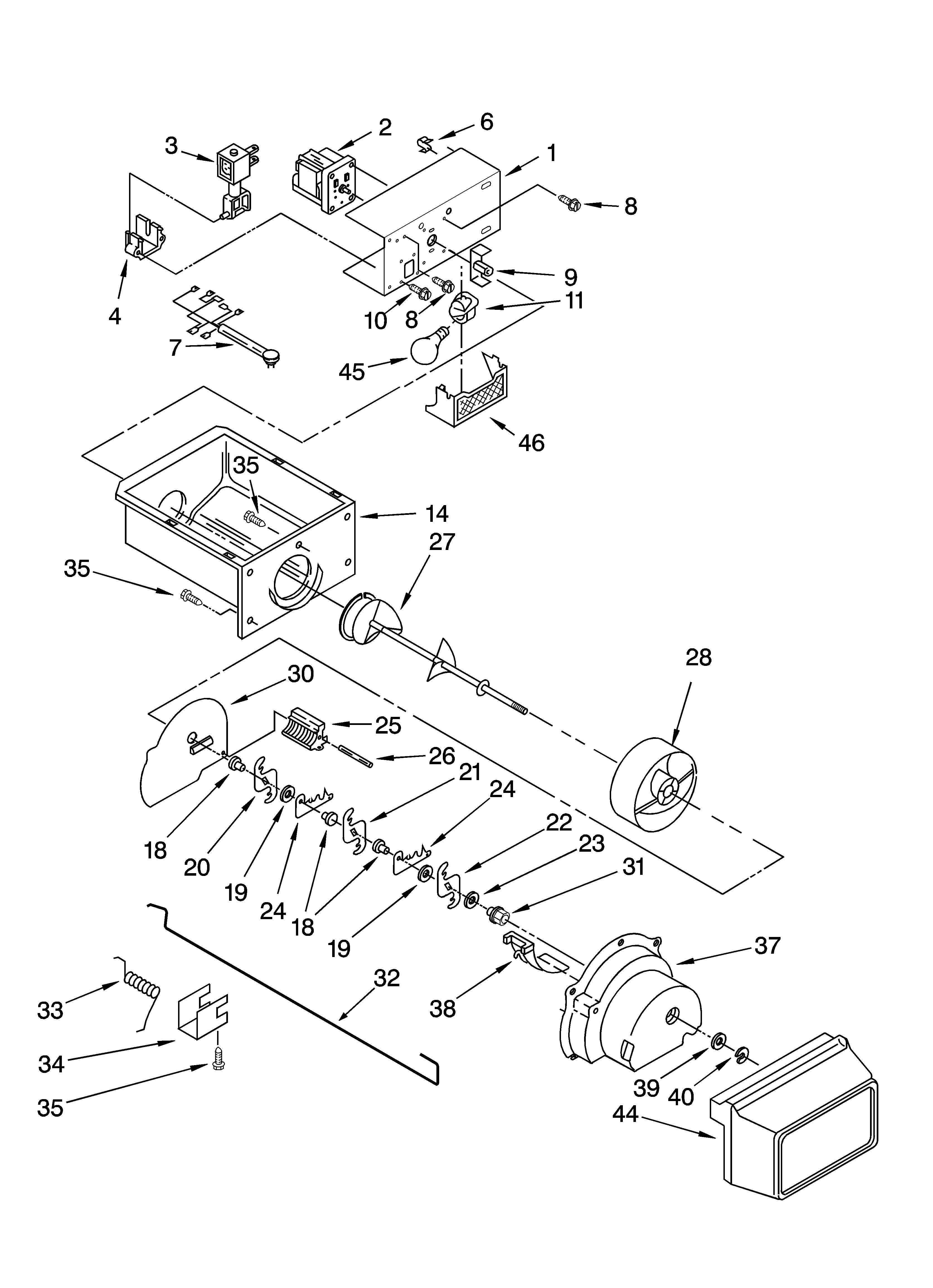 Whirlpool ED5GHGXMT00 motor and ice container parts diagram