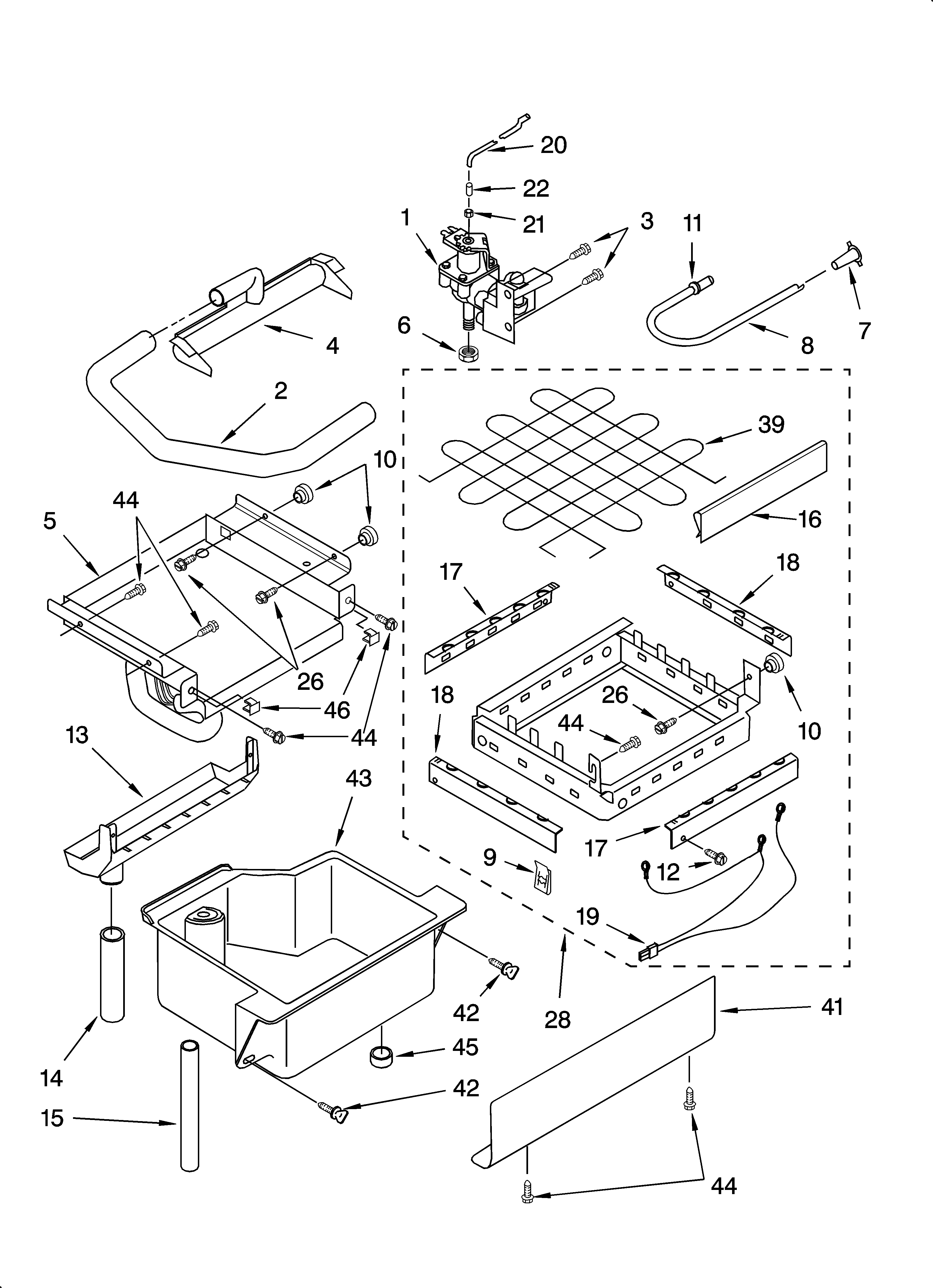 Whirlpool GI1500XHS6 evaporator ice cutter grid and water parts diagram