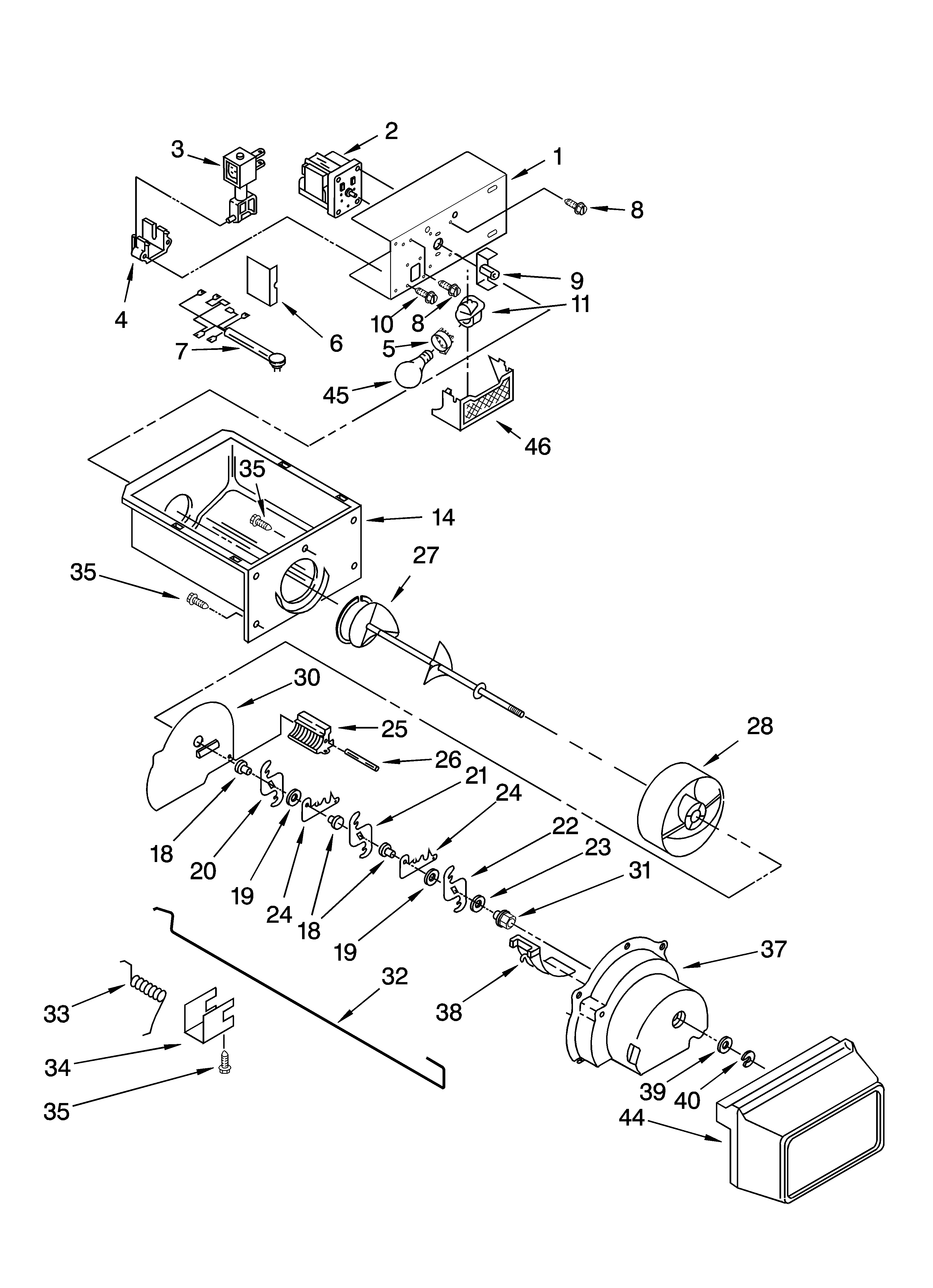 Whirlpool 6GD25DCXHS04 motor and ice container parts diagram