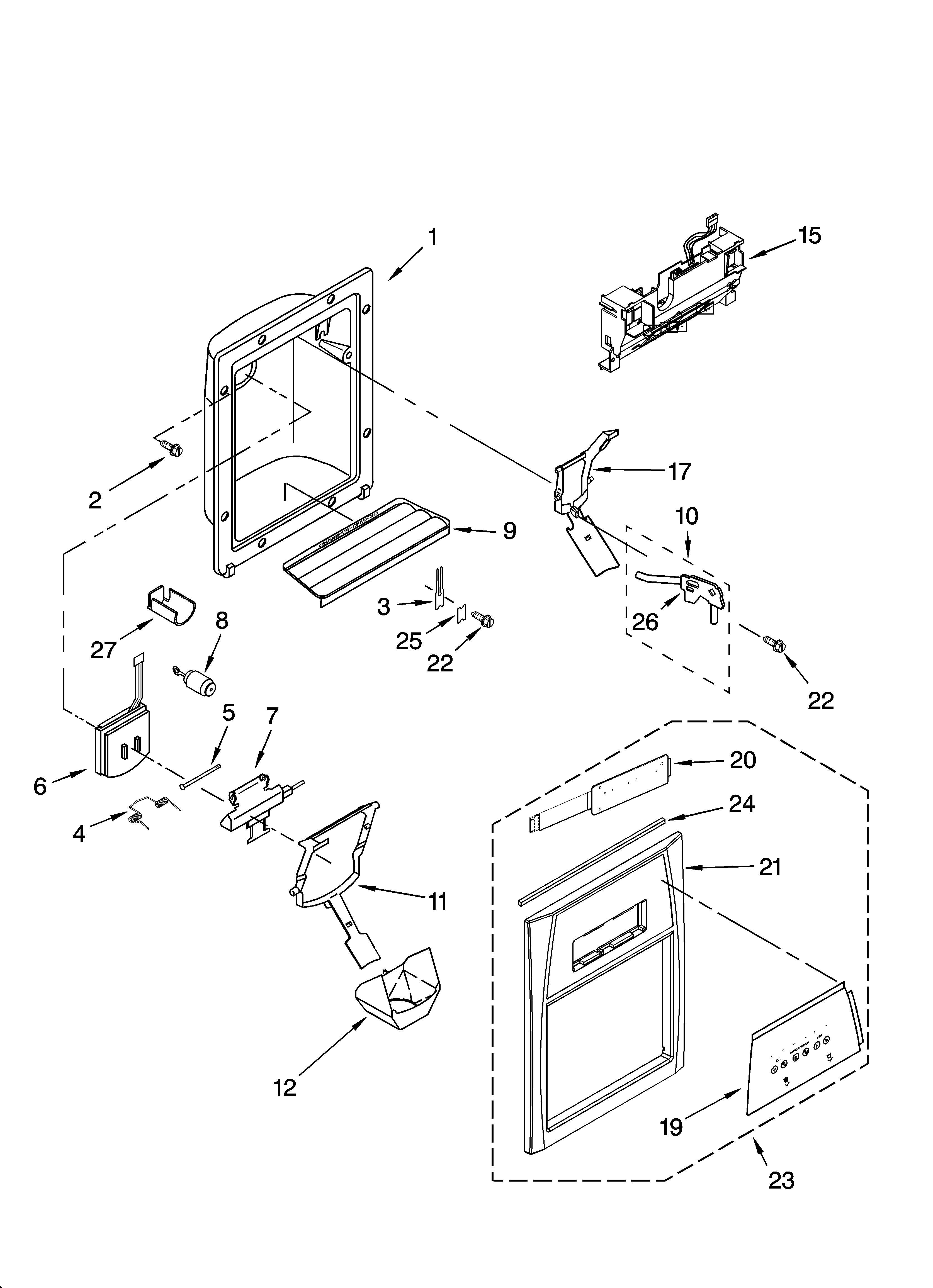 Whirlpool GD5YHAXNL00 dispenser front parts diagram