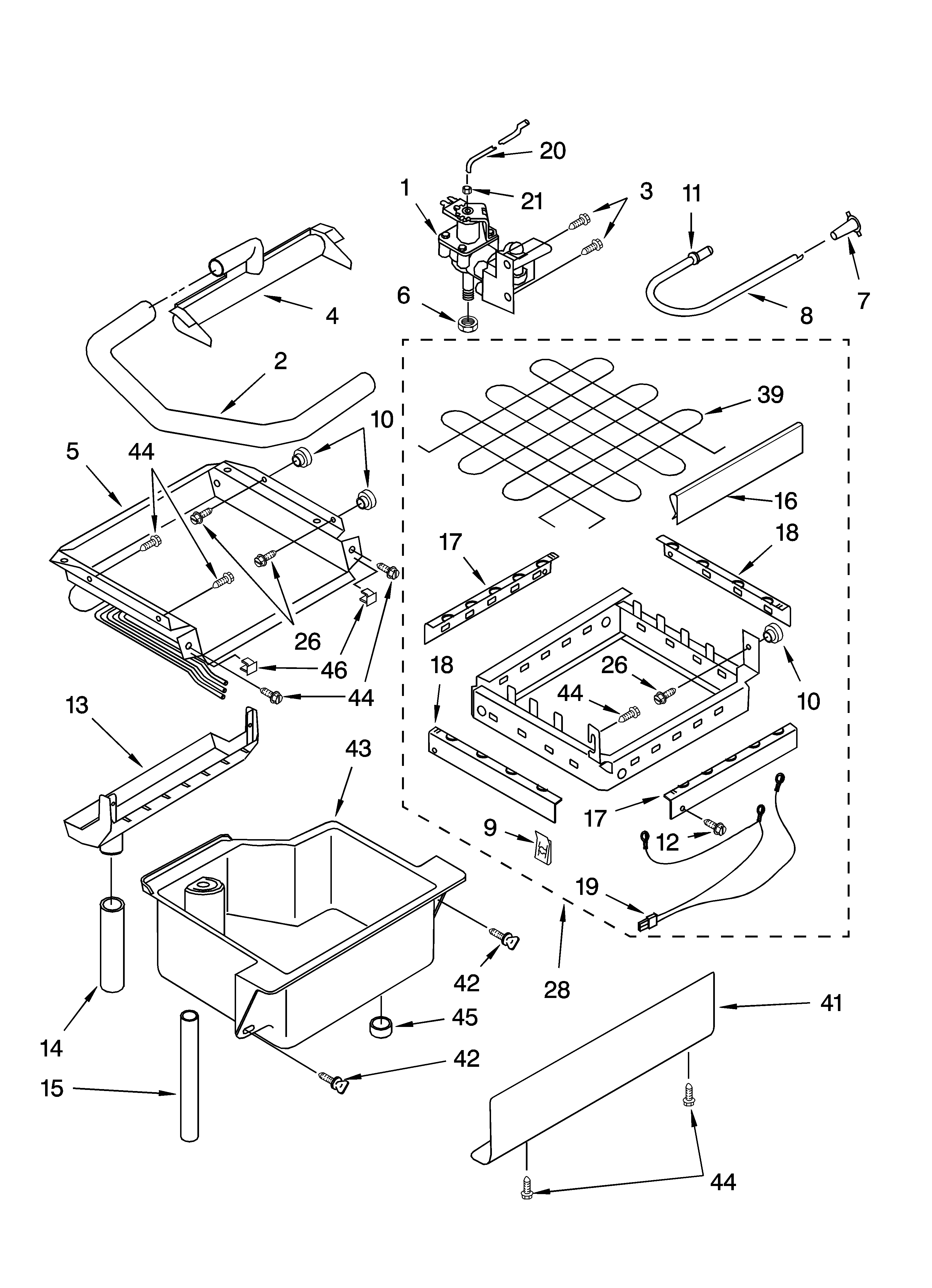 Whirlpool GI1500PHB6 evaporator ice cutter grid and water parts diagram