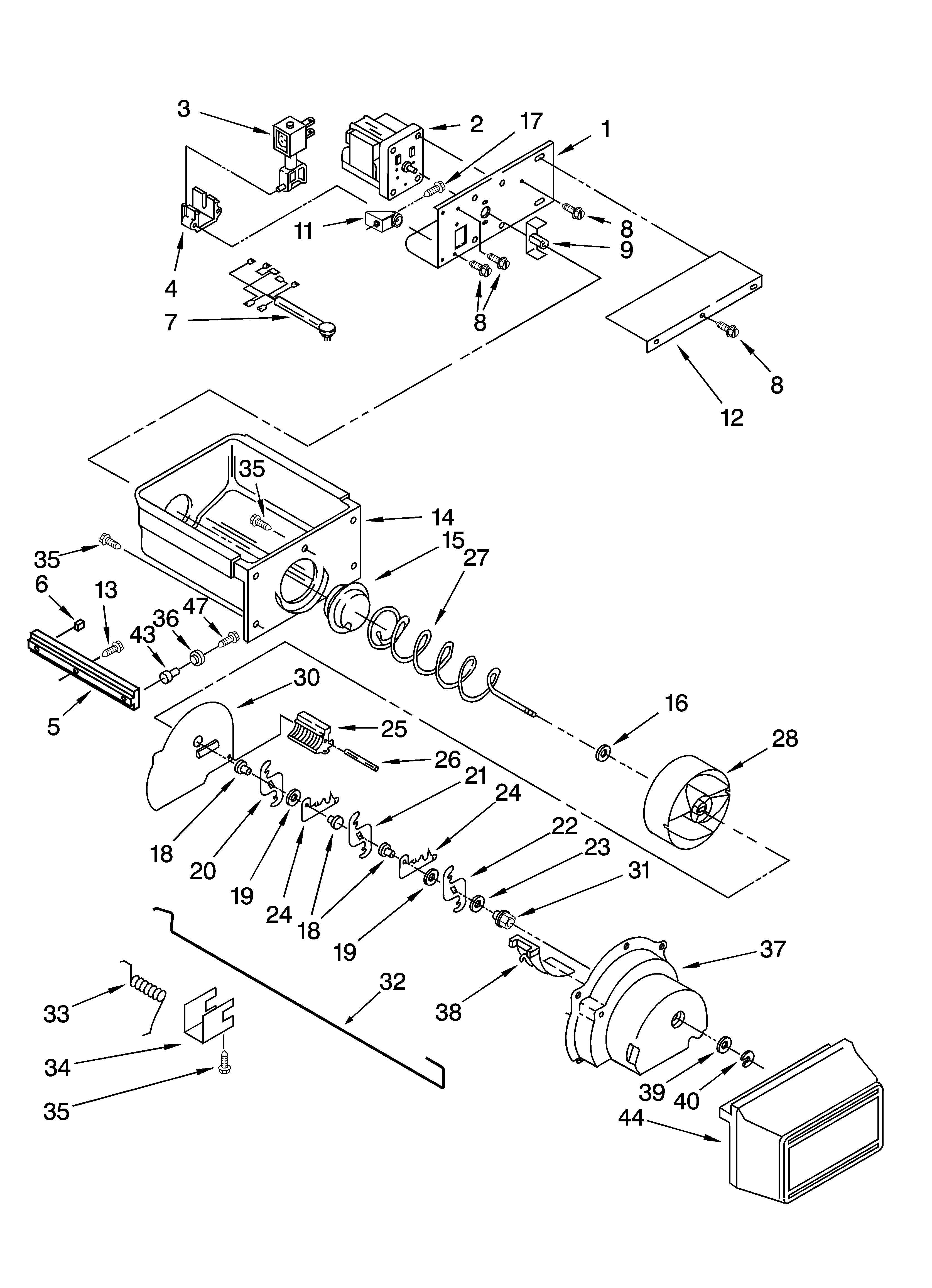 KitchenAid KSSS48QKX02 motor and ice container parts diagram