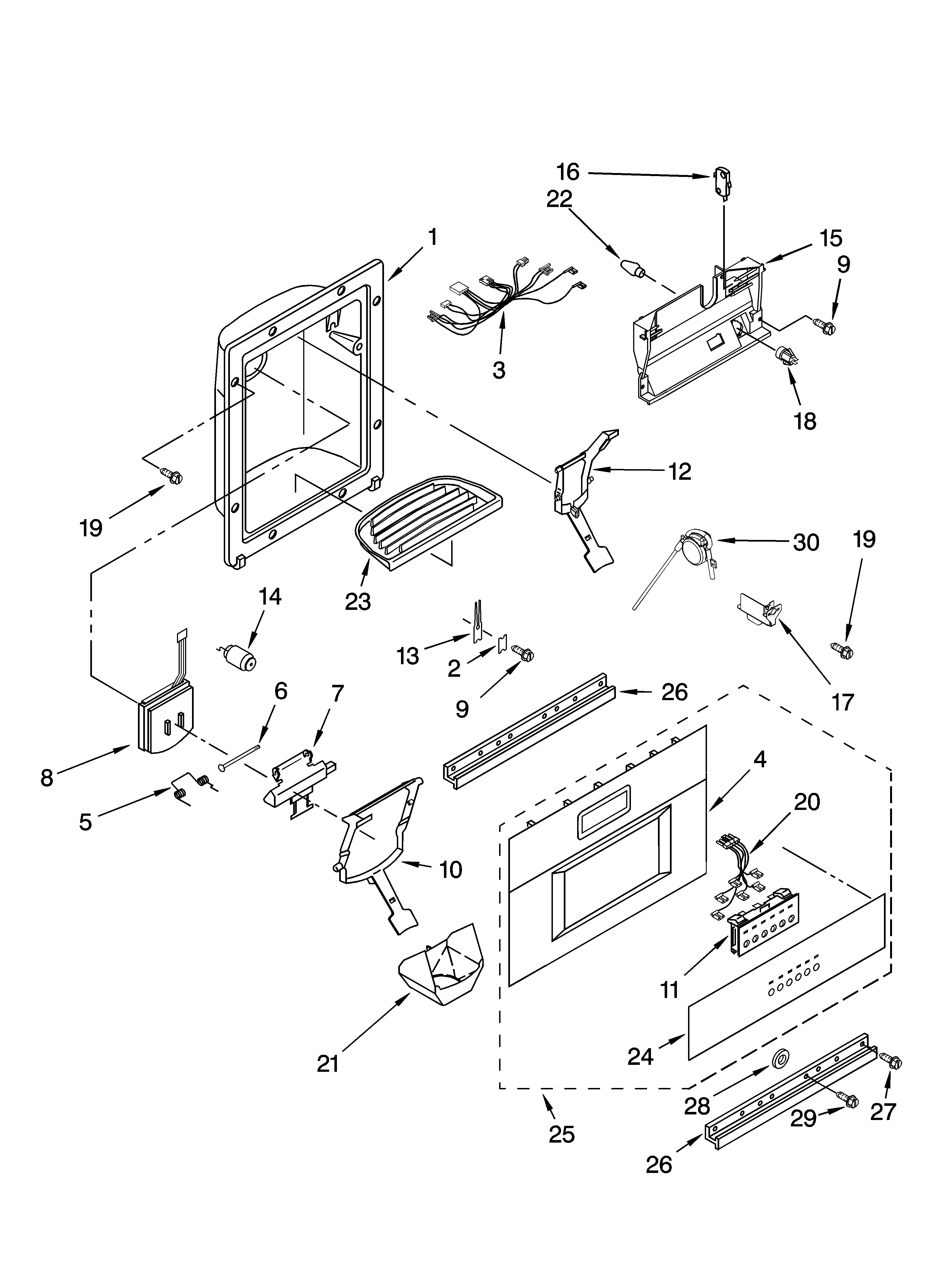 KitchenAid KSSS48QKX02 dispenser and front parts diagram