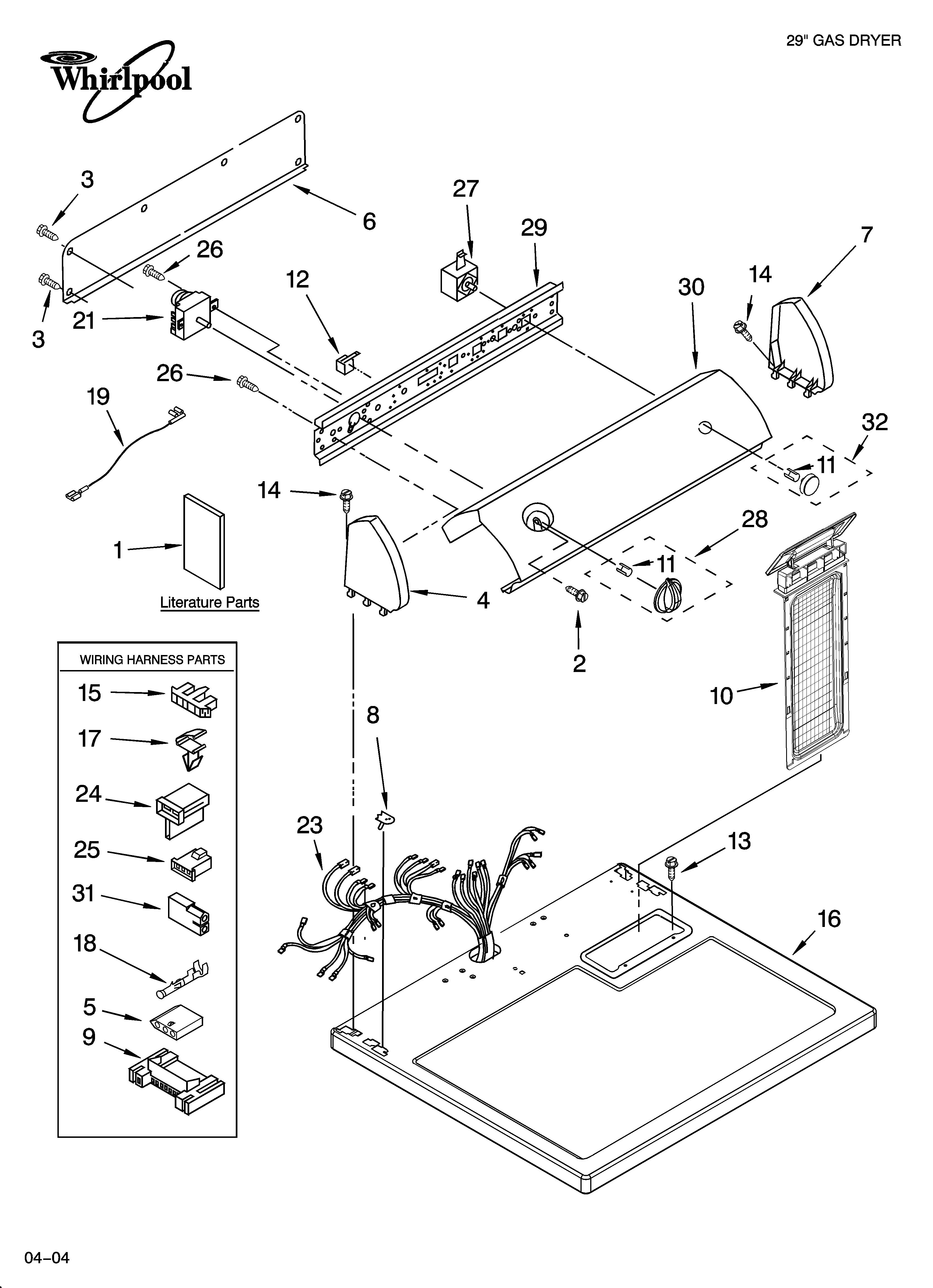 Whirlpool LGB6000PQ0 top and console parts diagram