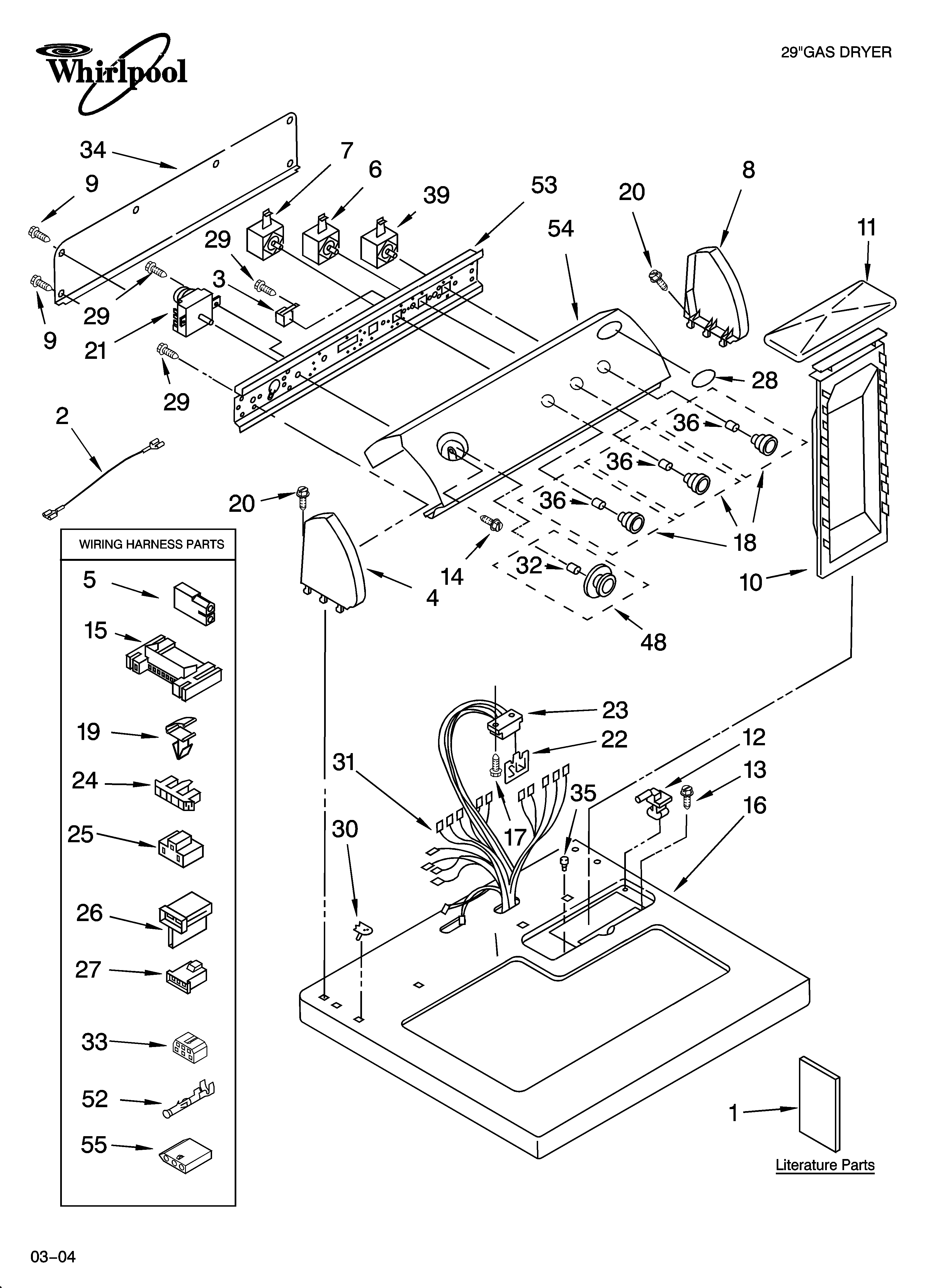 Whirlpool LGN2000LW1 top and console parts optional parts (not included) diagram