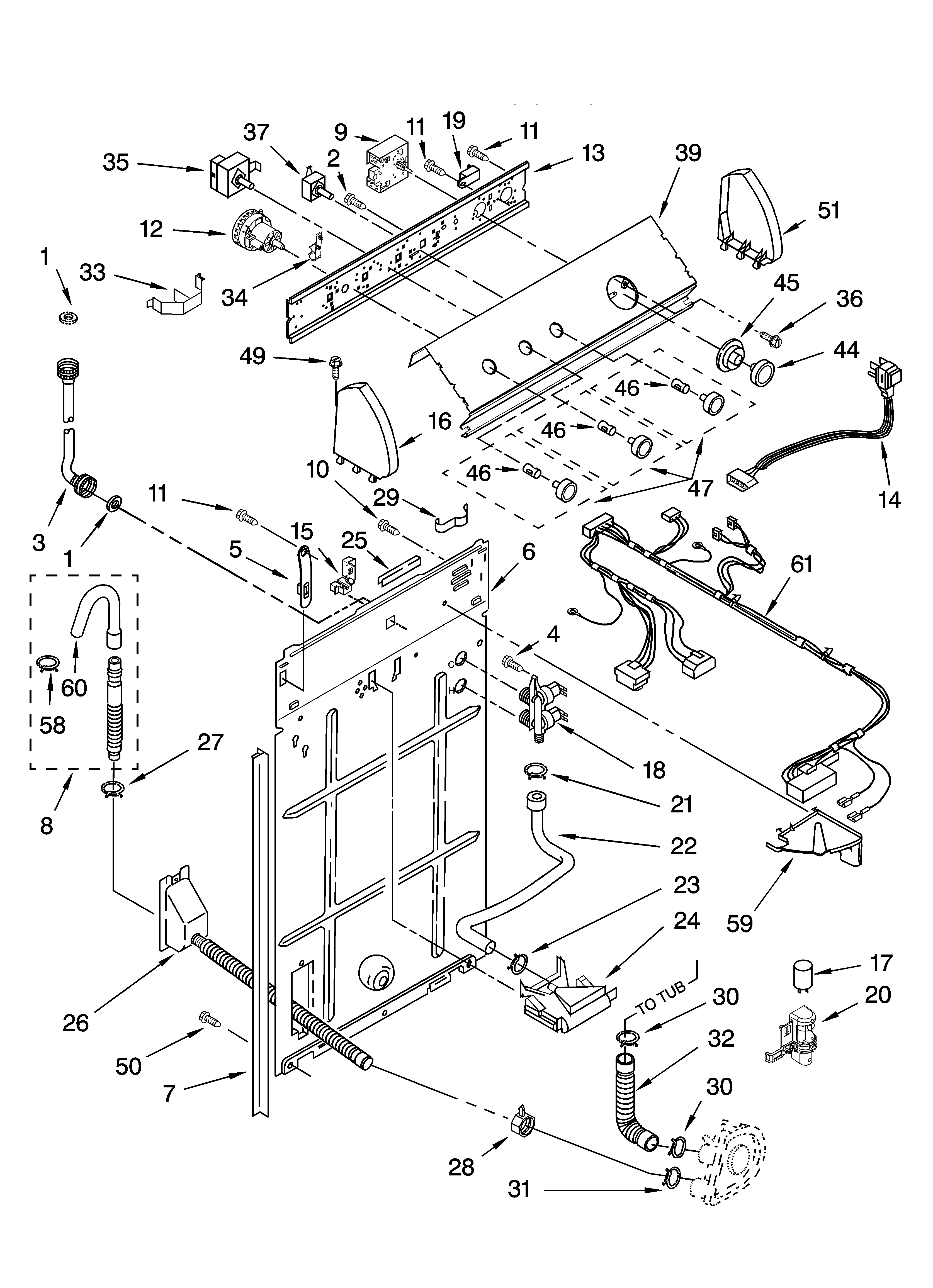Whirlpool LSR8010PQ0 controls and rear panel parts diagram