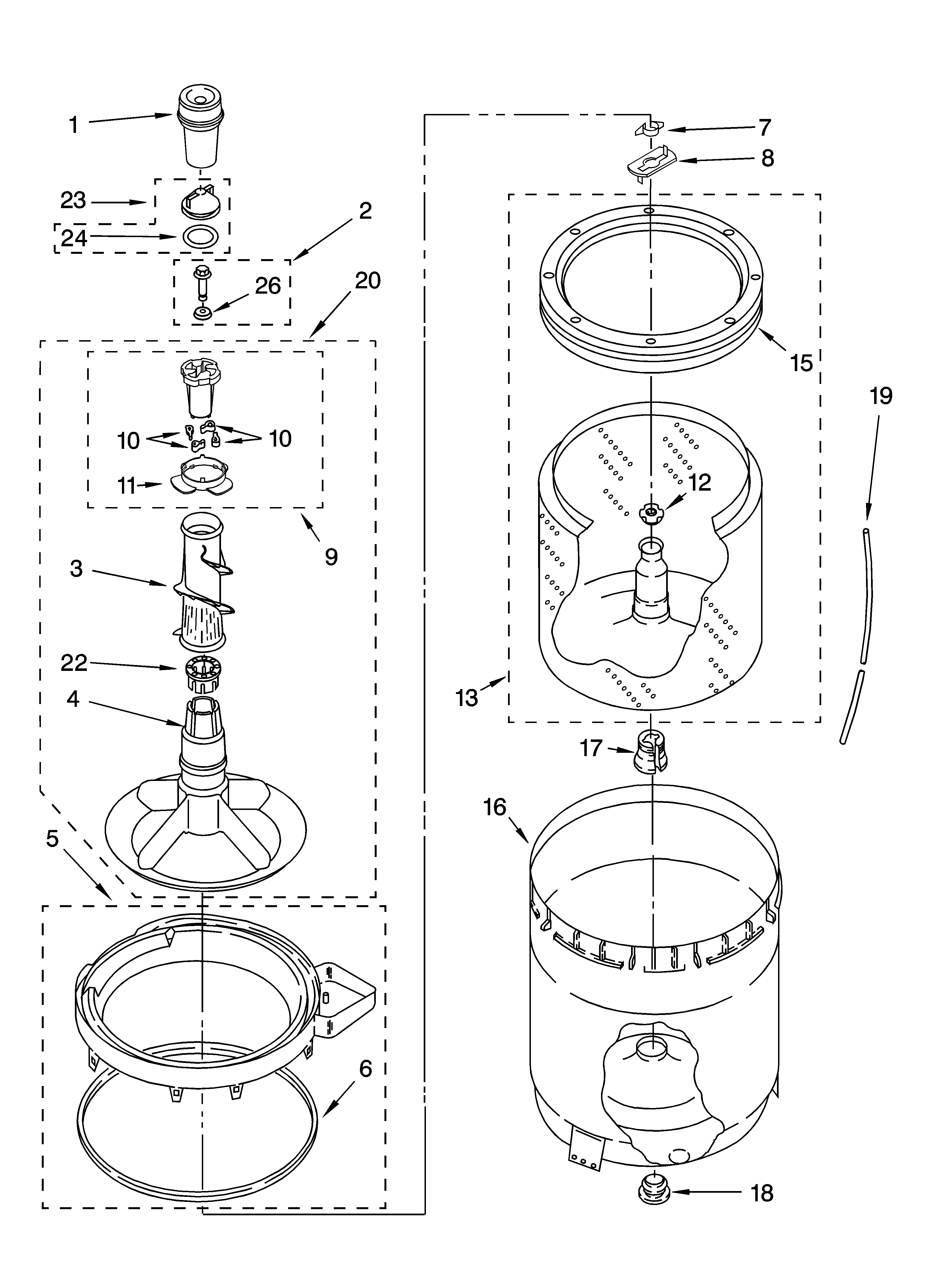 Whirlpool LSR8010PQ0 agitator, basket and tub parts diagram