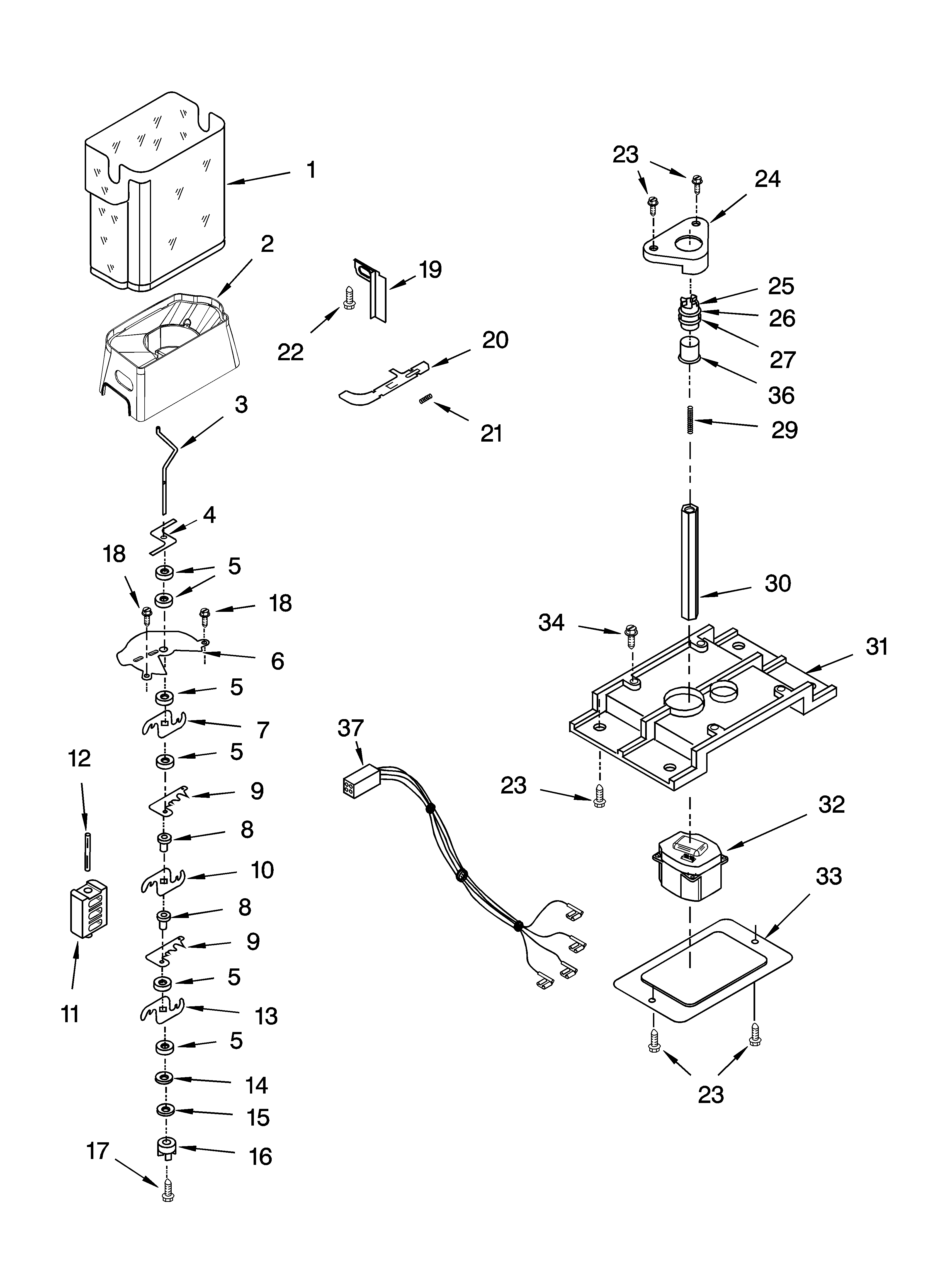 KitchenAid KSRA25PNBT00 motor and ice container parts diagram