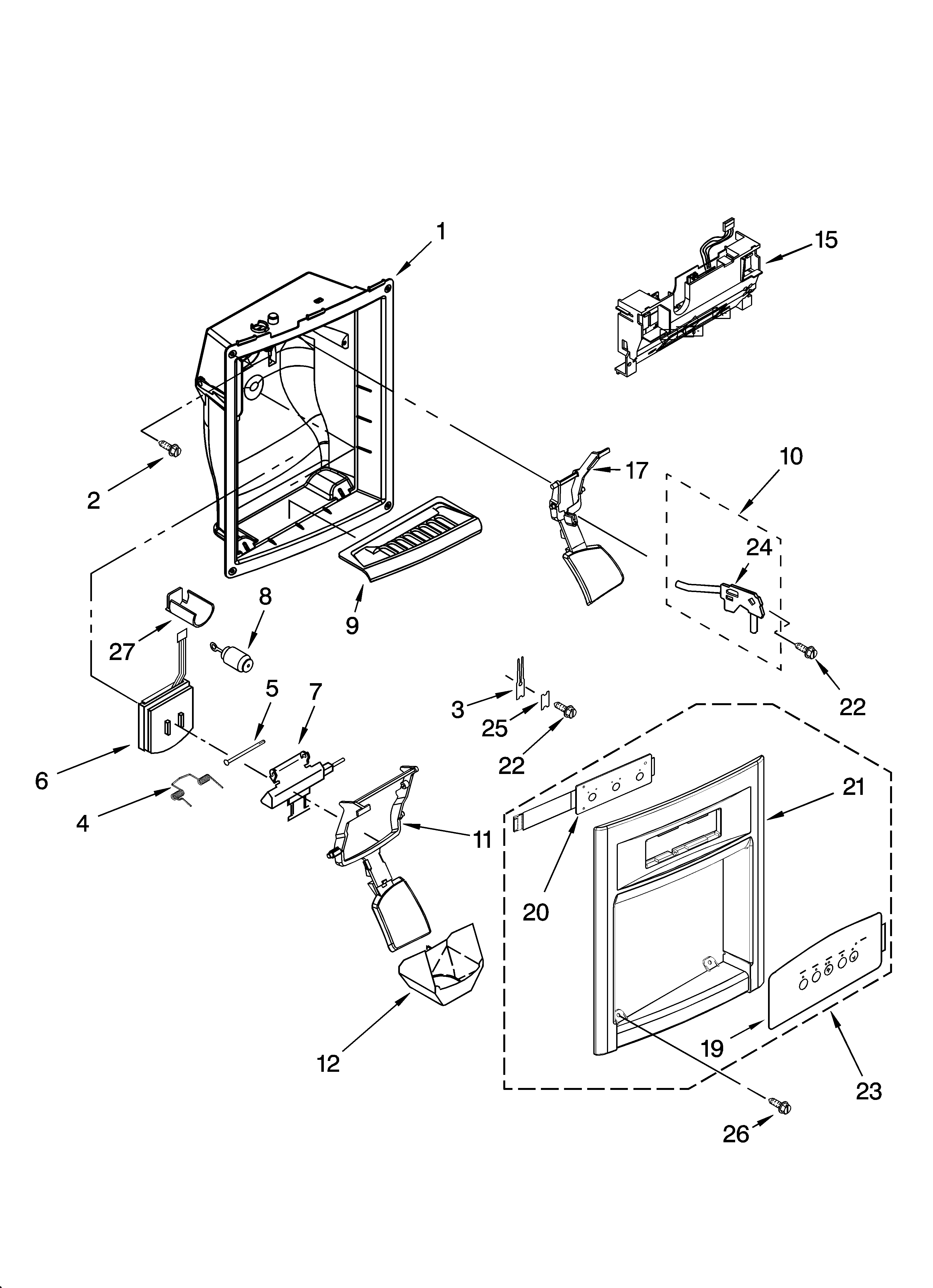 KitchenAid KSRA25PNBT00 dispenser front parts diagram