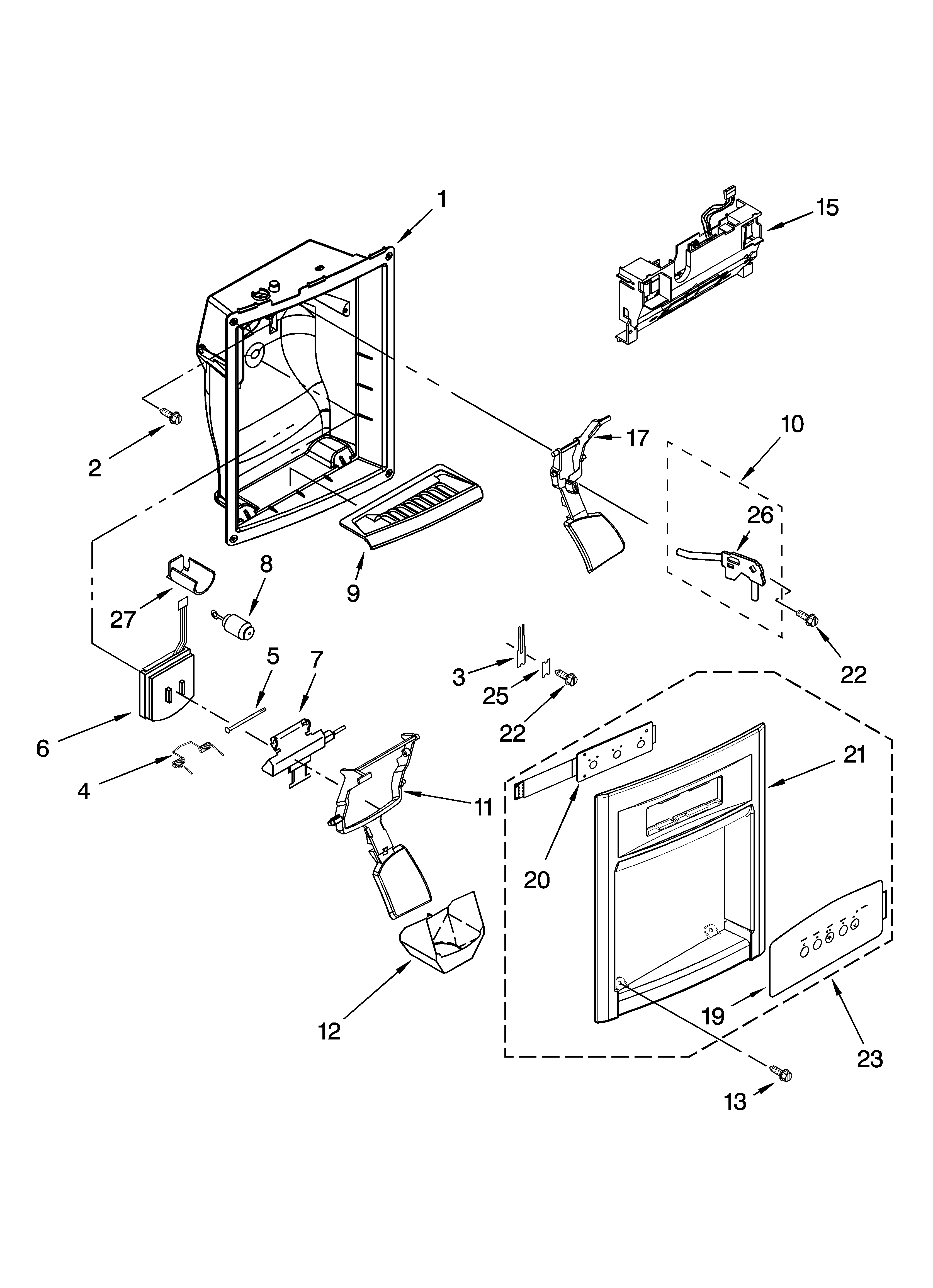 KitchenAid KSRJ22CNSS00 dispenser front parts diagram