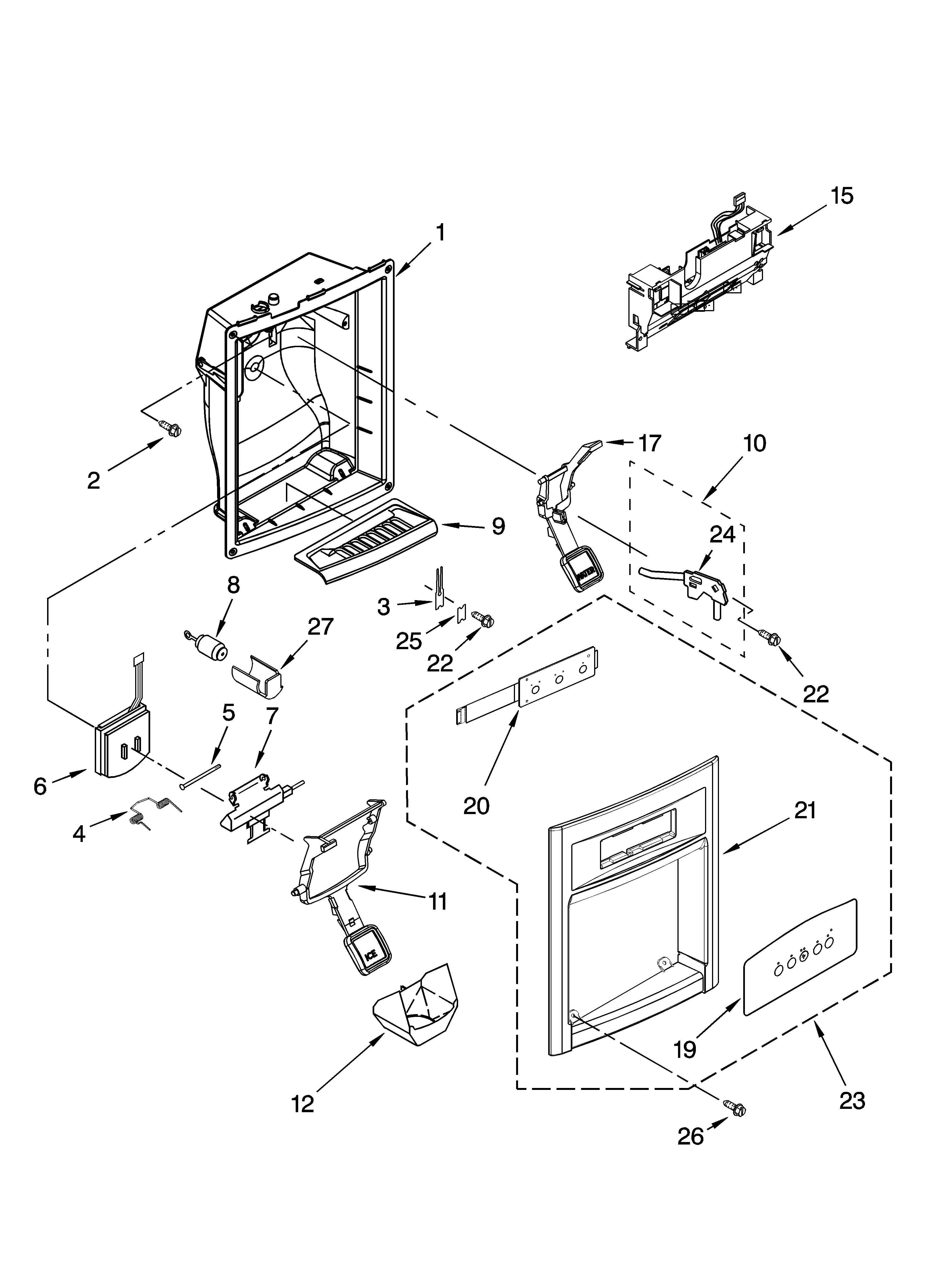 KitchenAid KSRS25CNLK00 dispenser front parts diagram