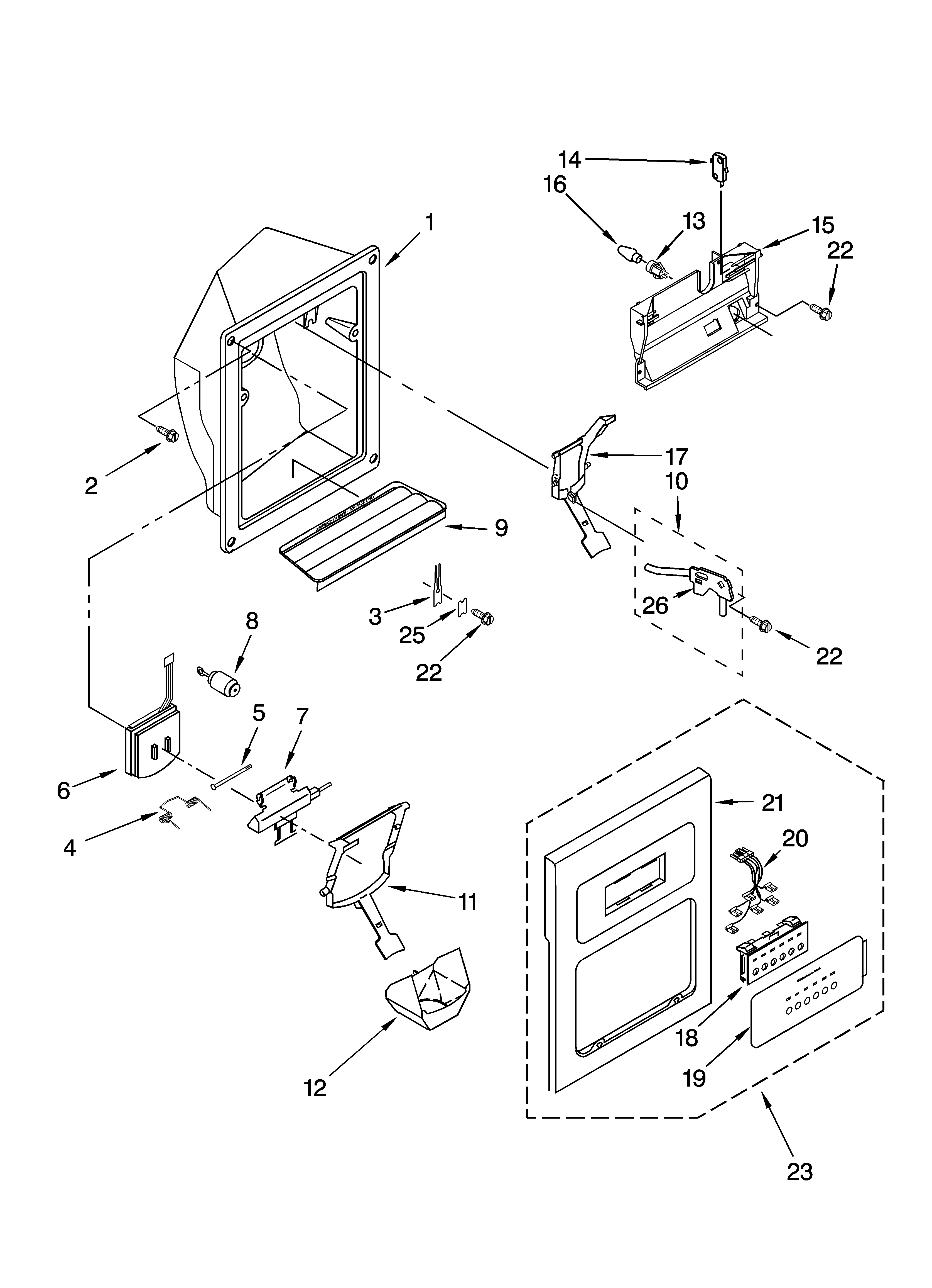 KitchenAid KSRX22FNWH01 dispenser front parts diagram
