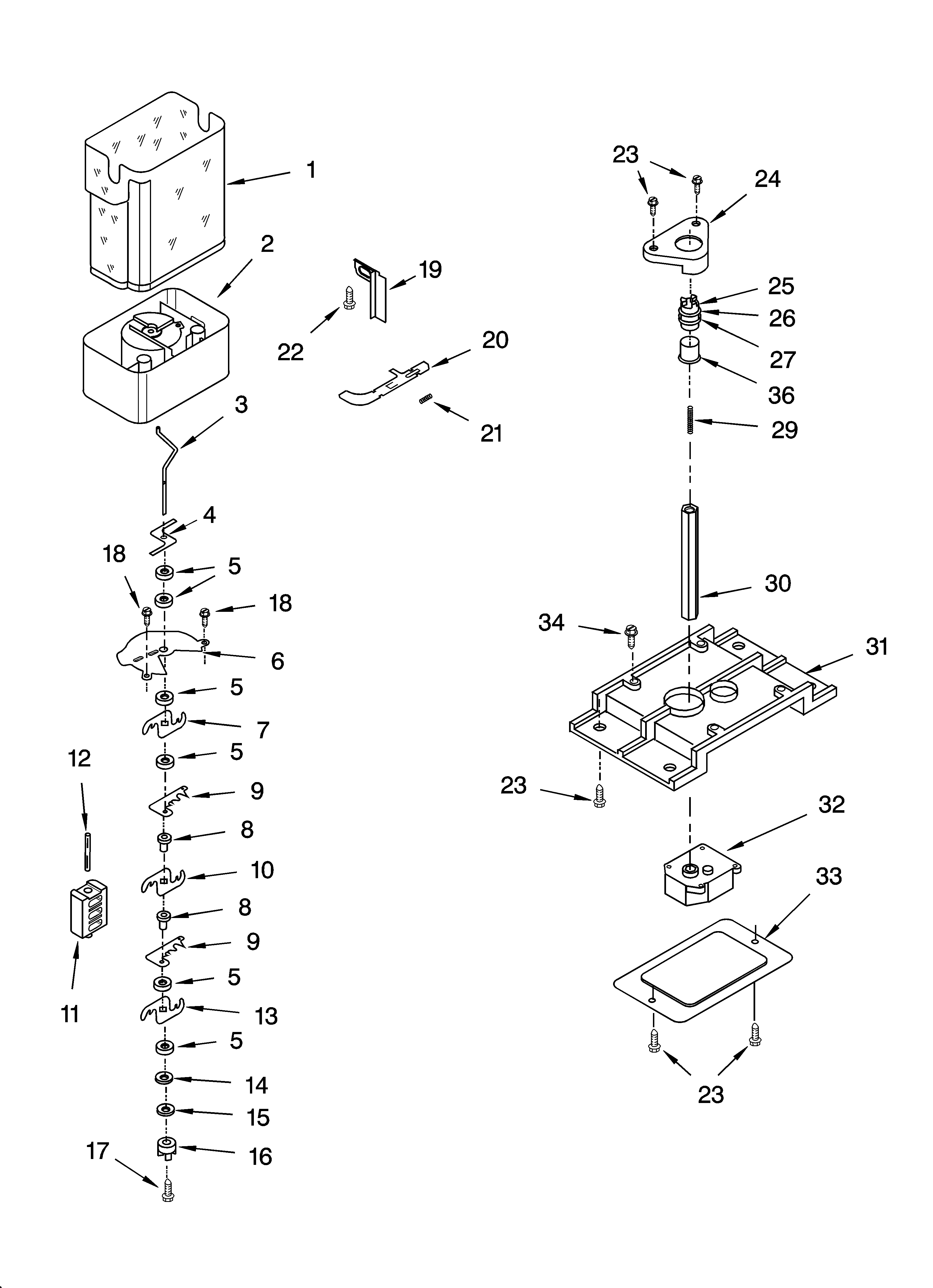 KitchenAid KSRX25FNWH01 motor and ice container parts diagram