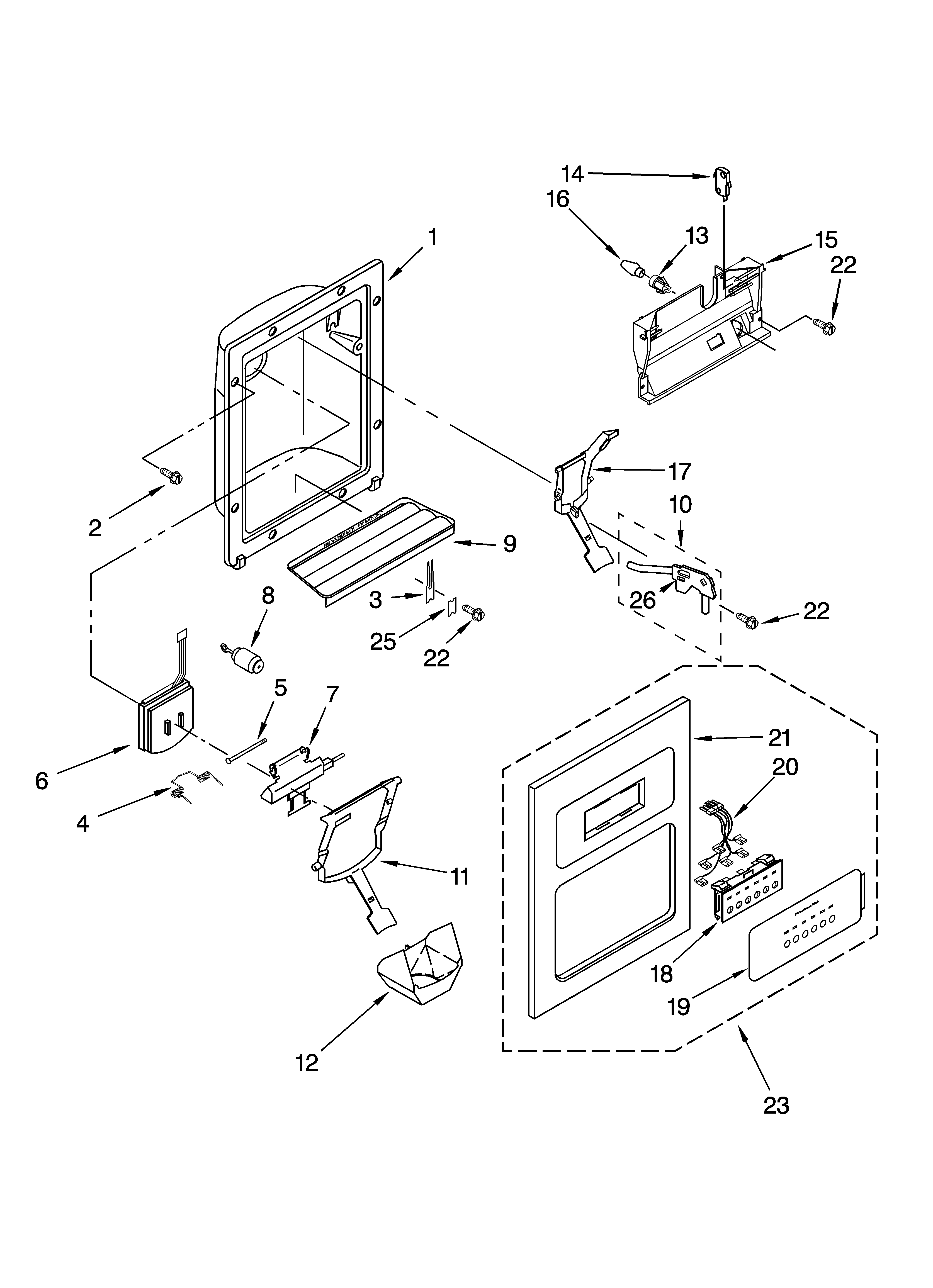 KitchenAid KSRX25FNWH01 dispenser front parts diagram