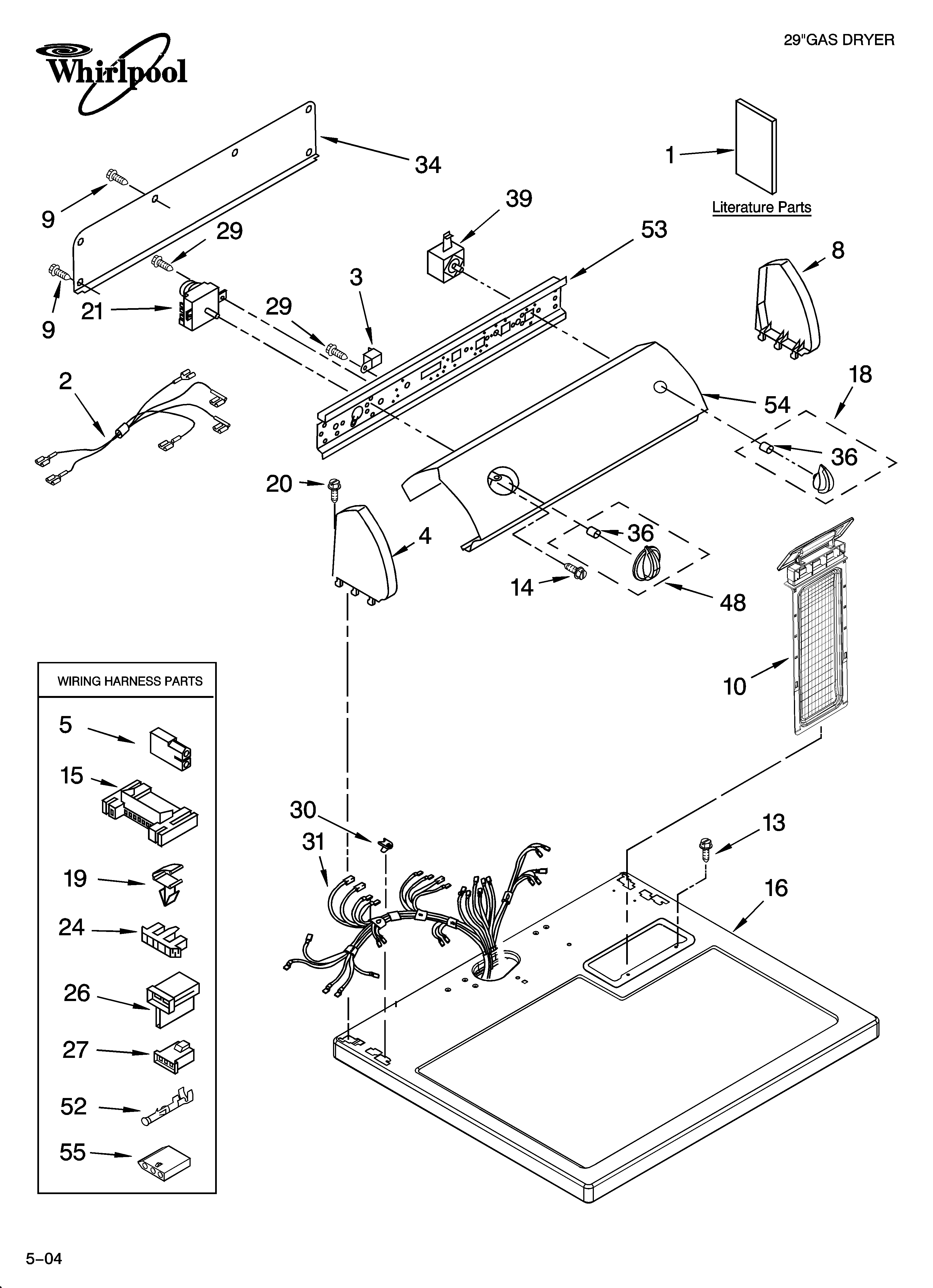 Whirlpool LGN1000PQ0 top and console parts optional parts (not included) diagram