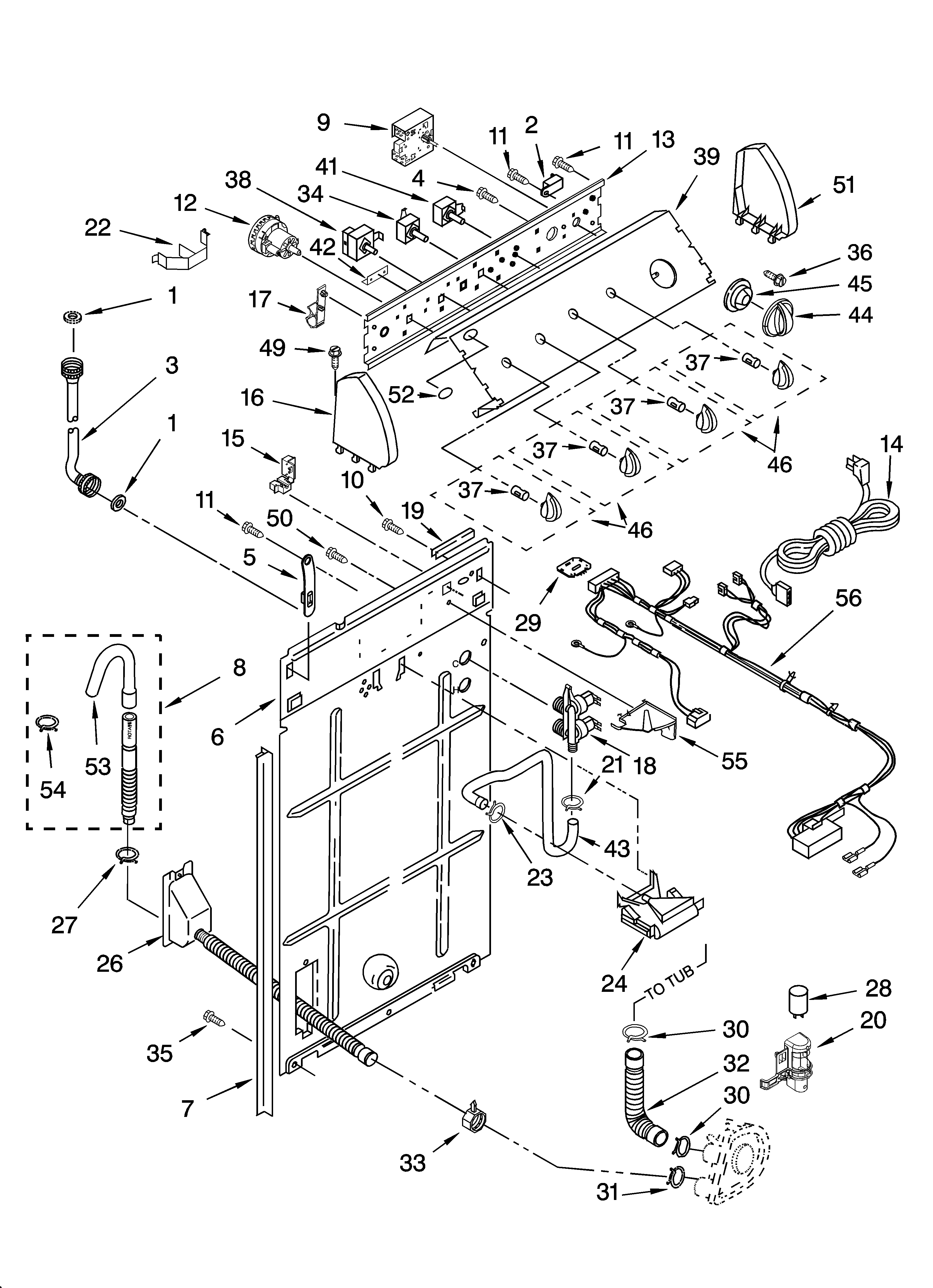 Whirlpool LSN3000PG0 controls and rear panel parts diagram