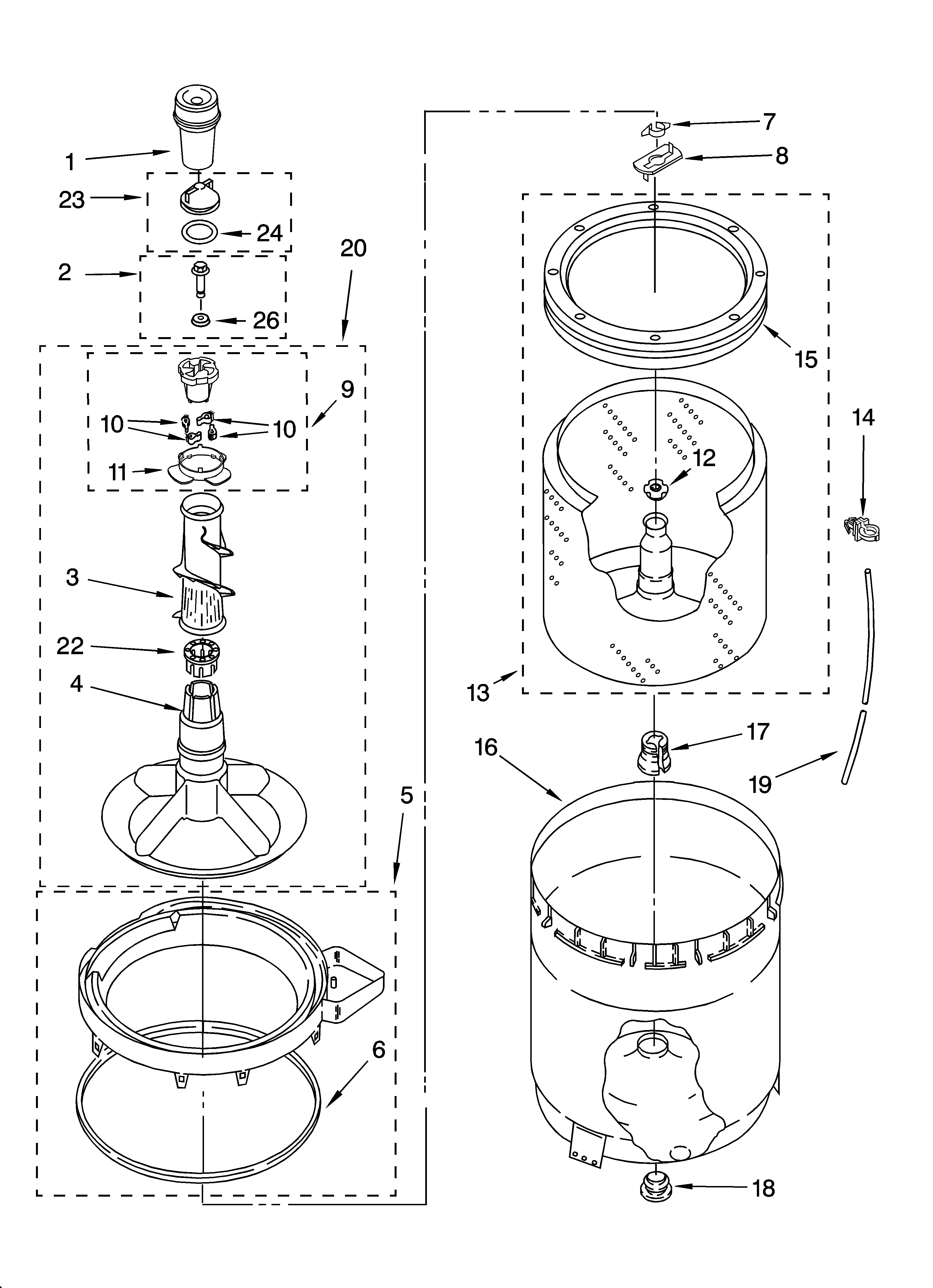 Whirlpool LSN3000PG0 agitator, basket and tub parts diagram