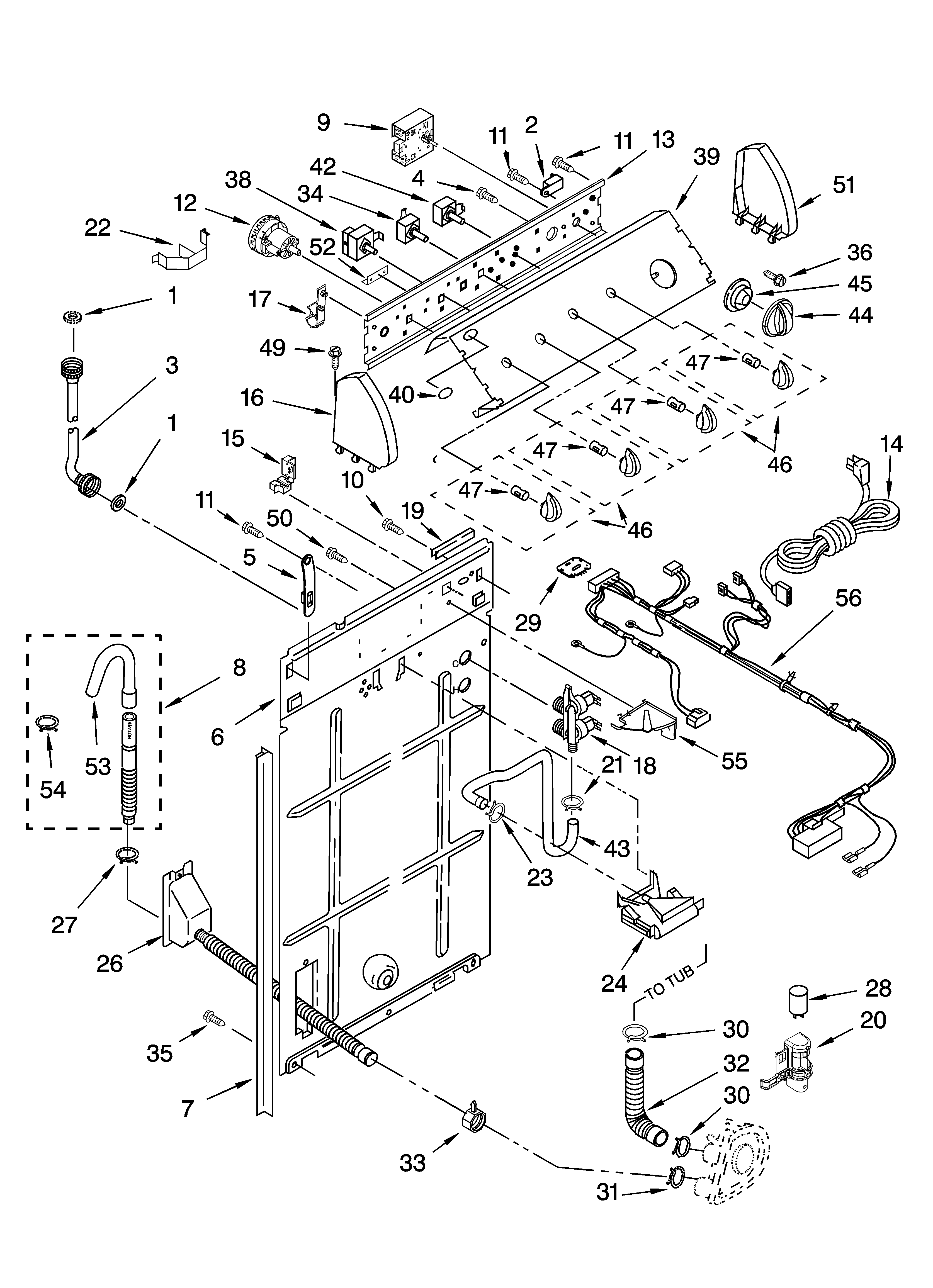 Whirlpool LSQ9659PW0 controls and rear panel parts diagram