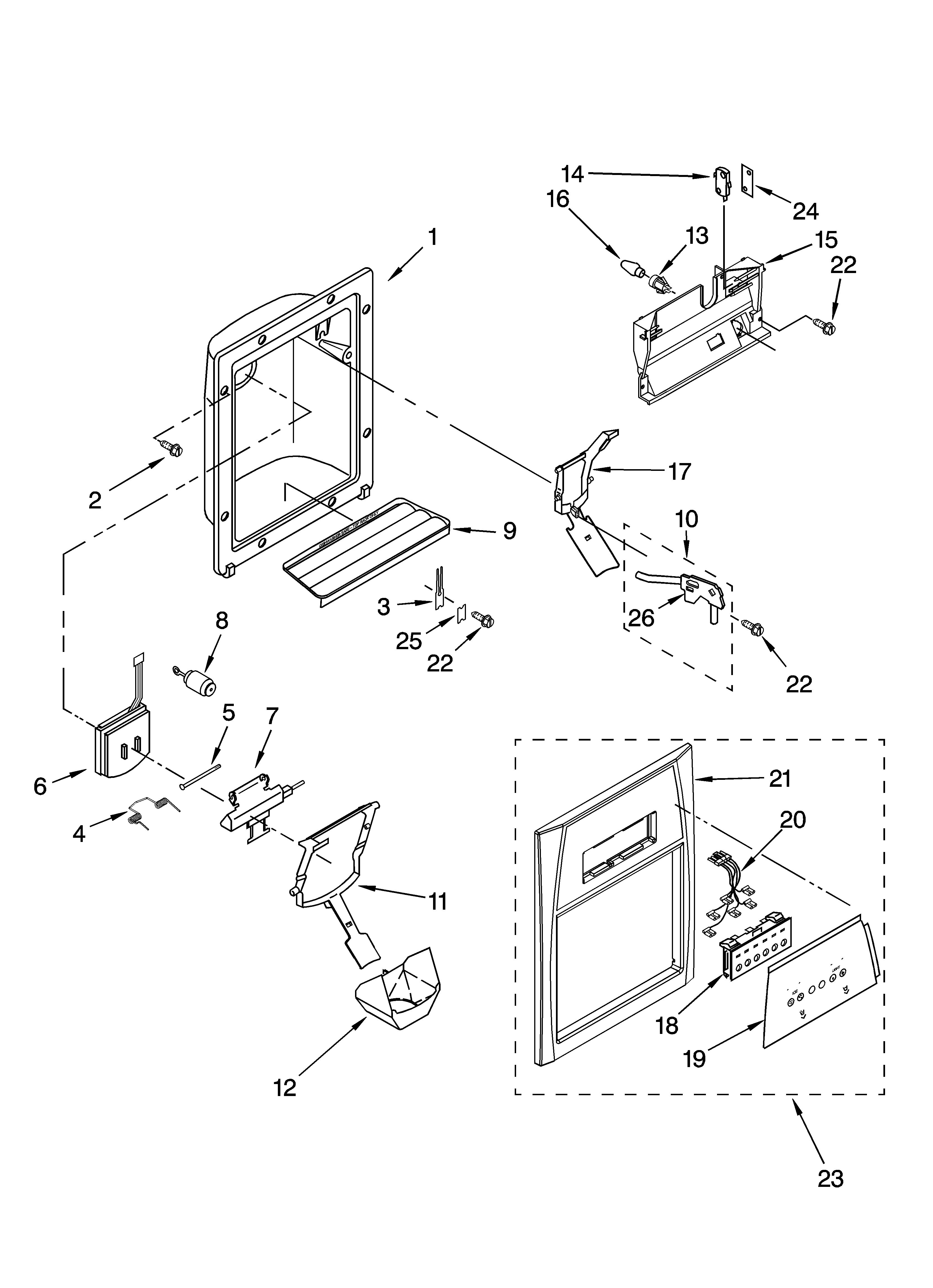 Whirlpool GD5NHAXMT00 dispenser front parts diagram