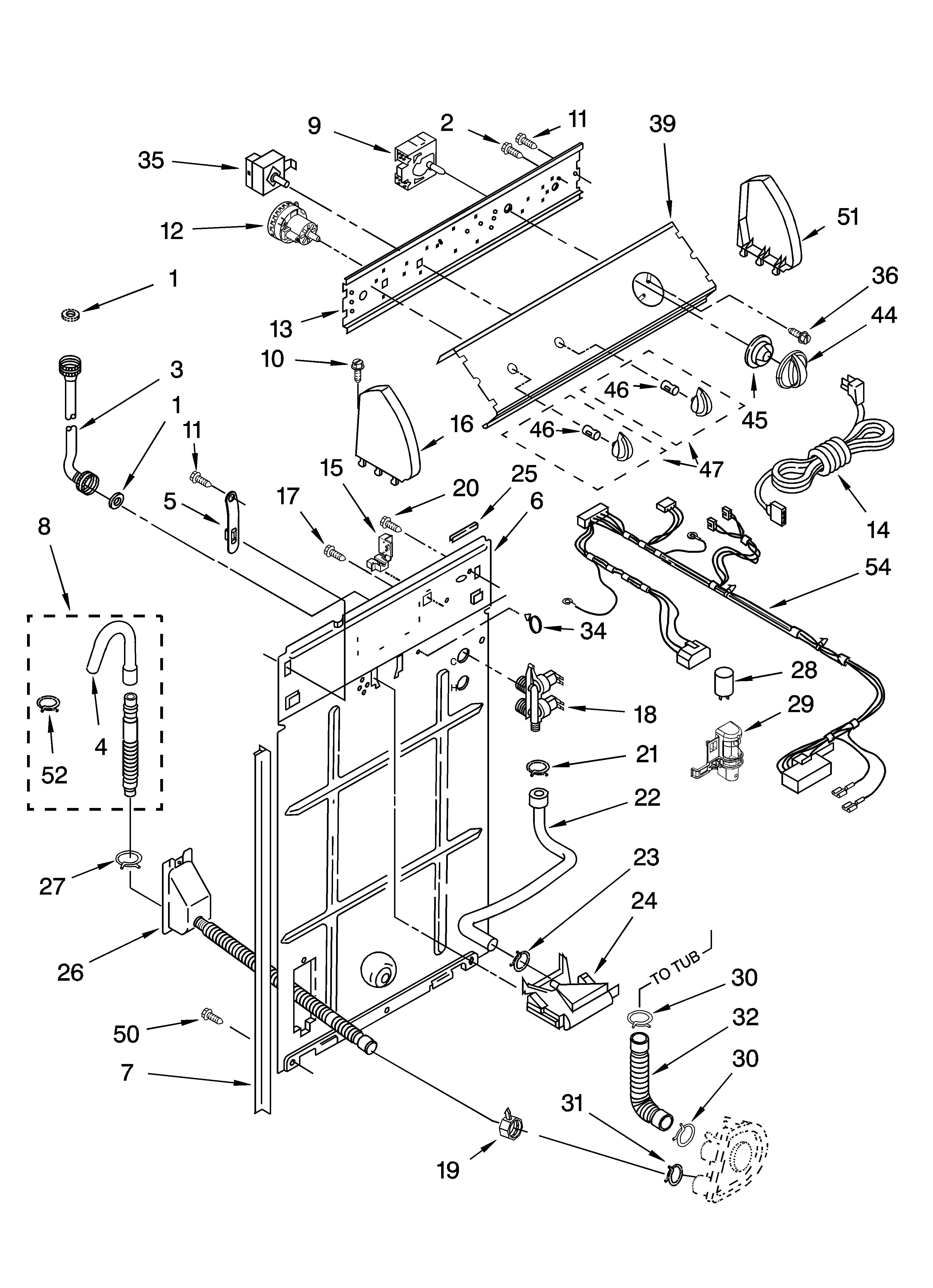 Whirlpool LBR5432PQ0 control and rear panel parts diagram