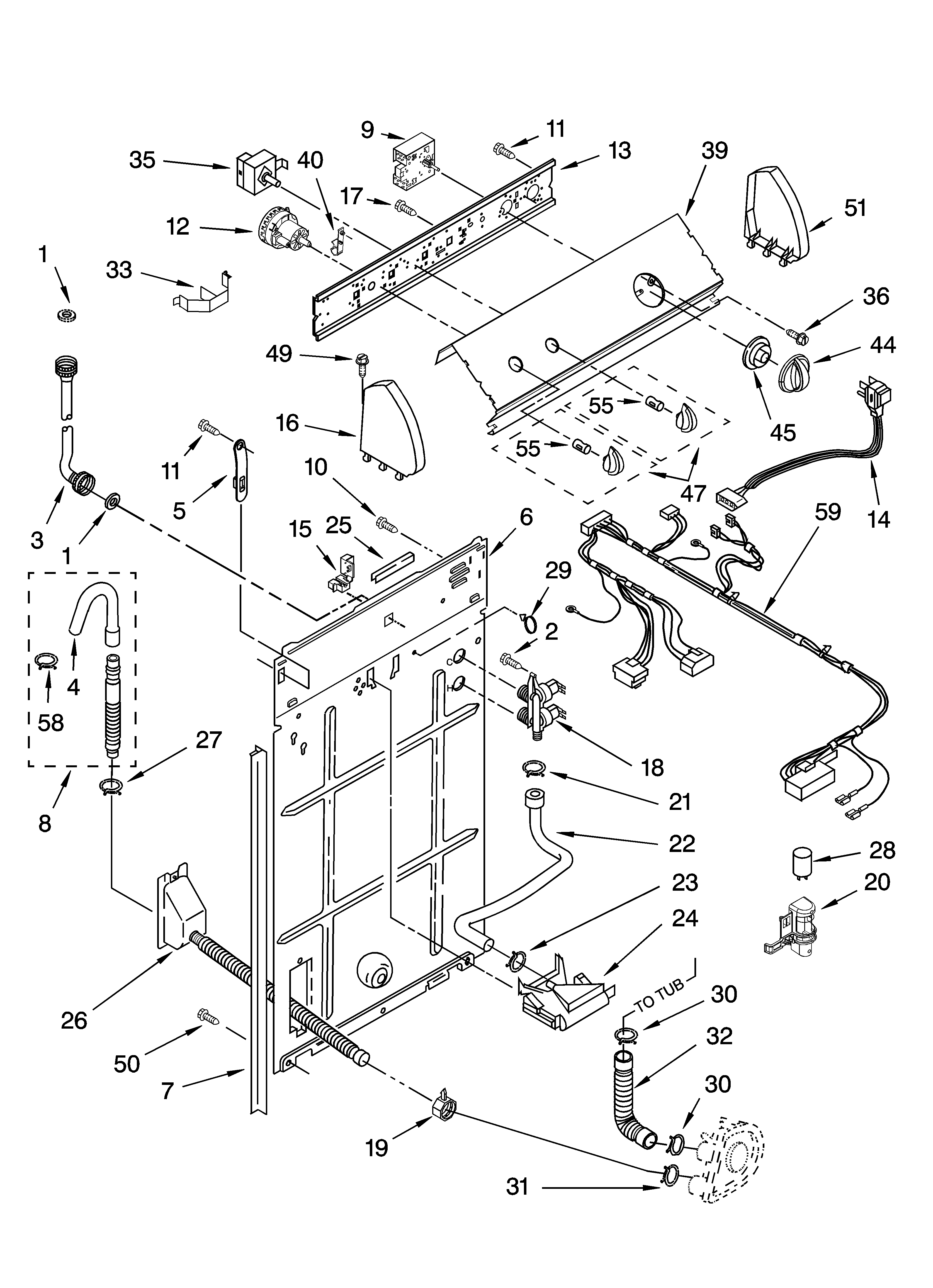 Whirlpool LXR7244PT0 control and rear panel parts diagram