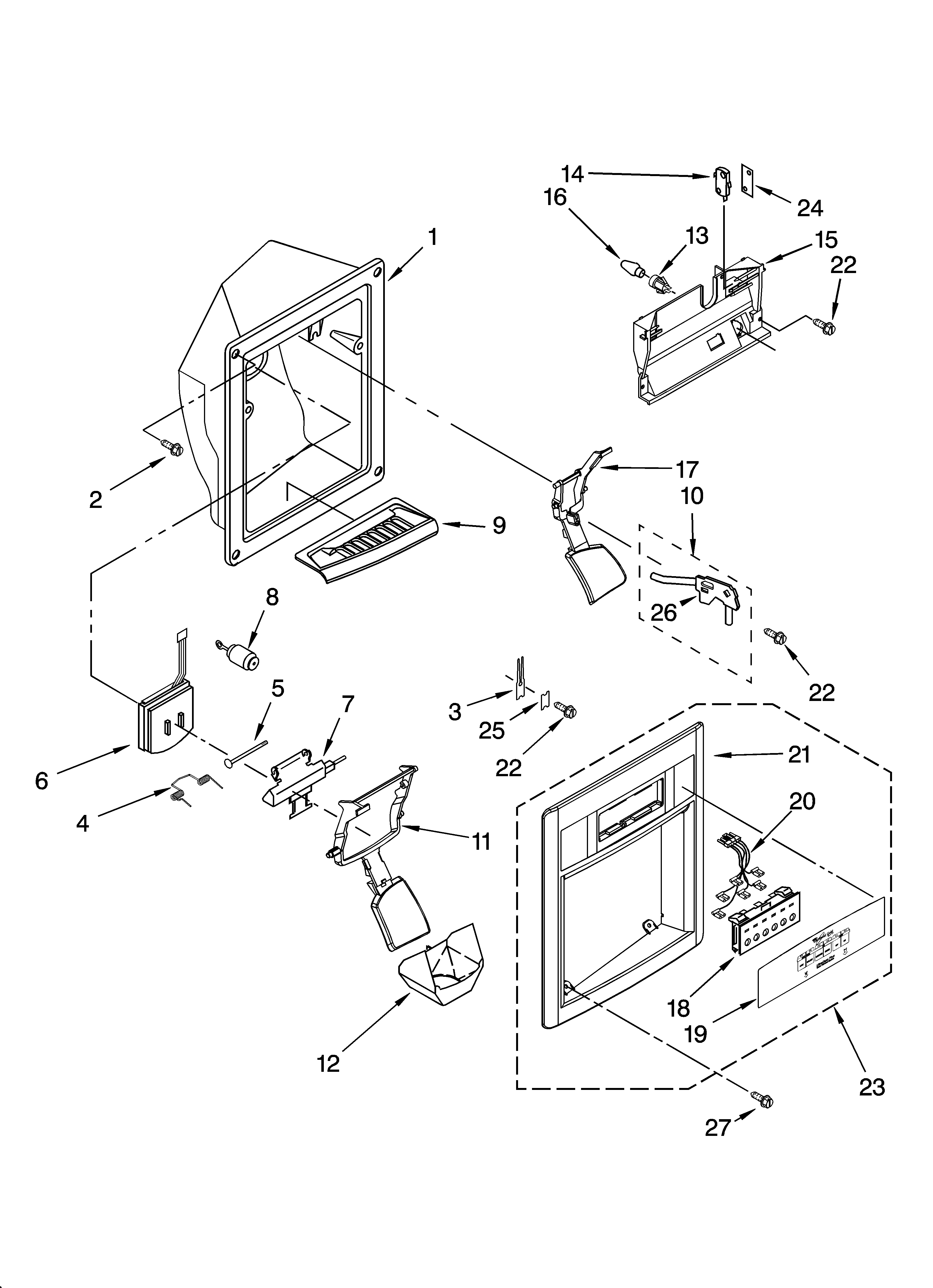 Whirlpool 6GD25DCXHS06 dispenser front parts diagram