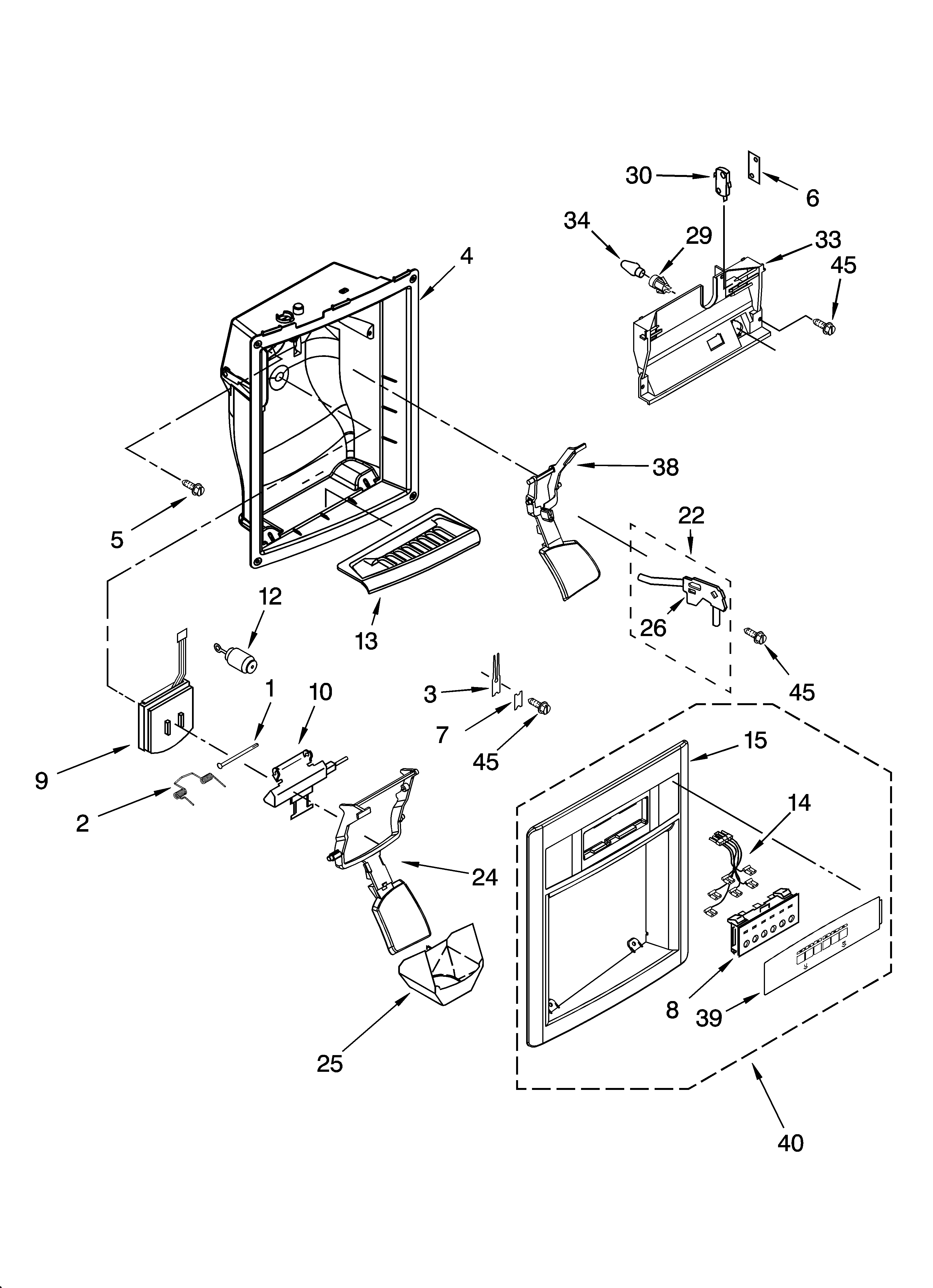 Whirlpool 3KES0GTQNL00 dispenser front parts diagram