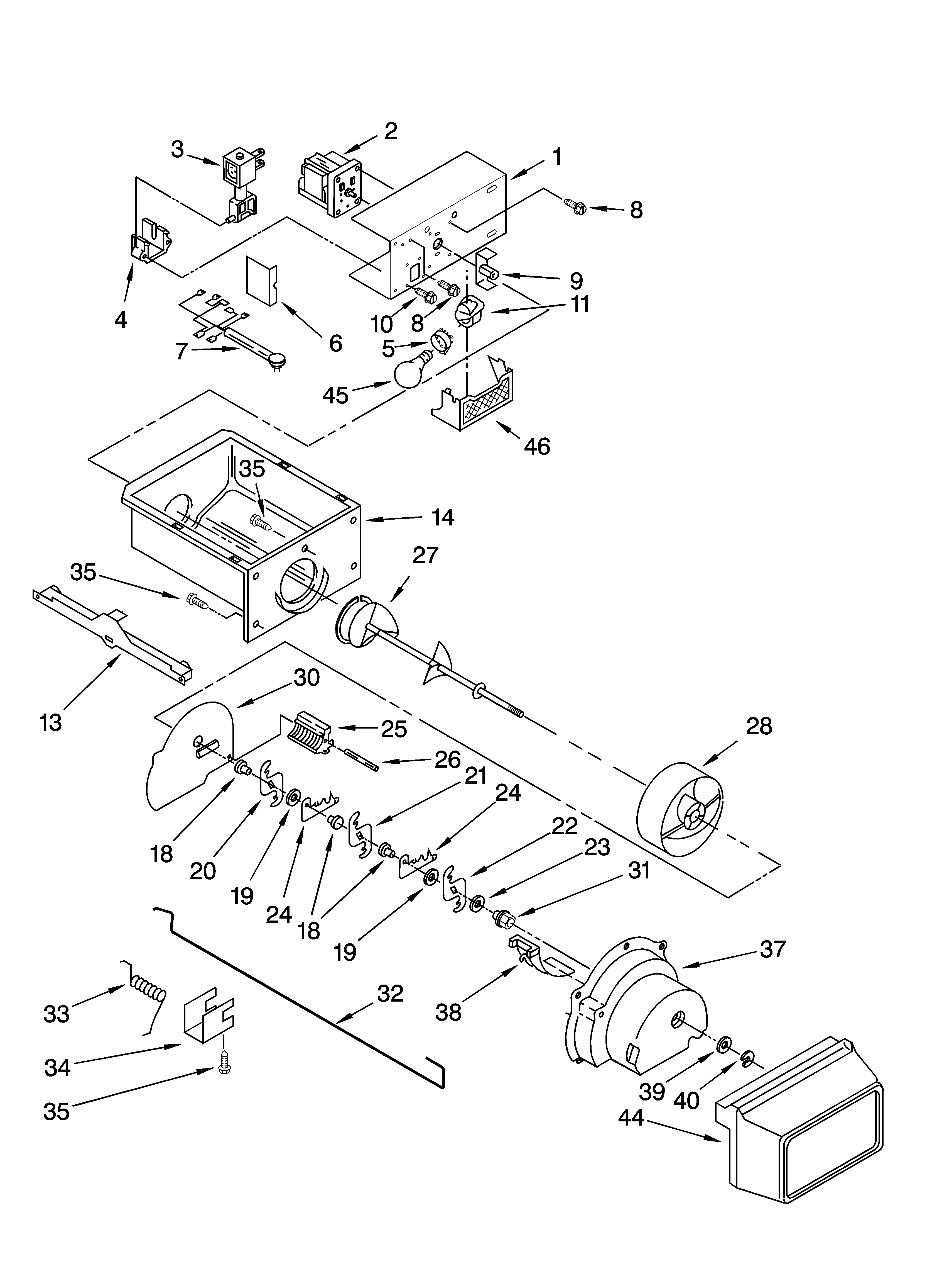 Whirlpool 3XES0GTQNL00 motor and ice container parts diagram